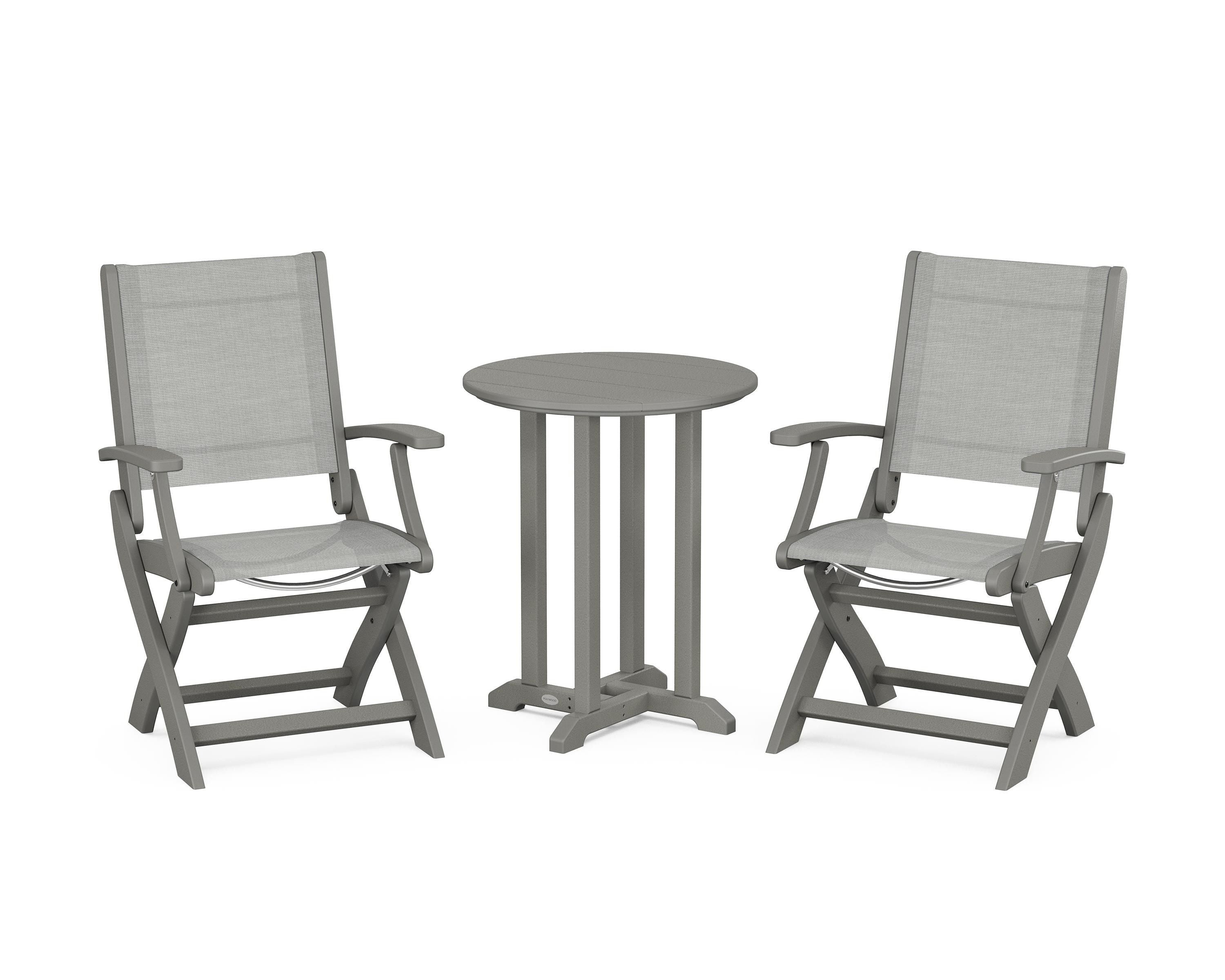 POLYWOOD Coastal Folding 3-Piece Round Bistro Dining Set in Slate Grey / Metallic Sling
