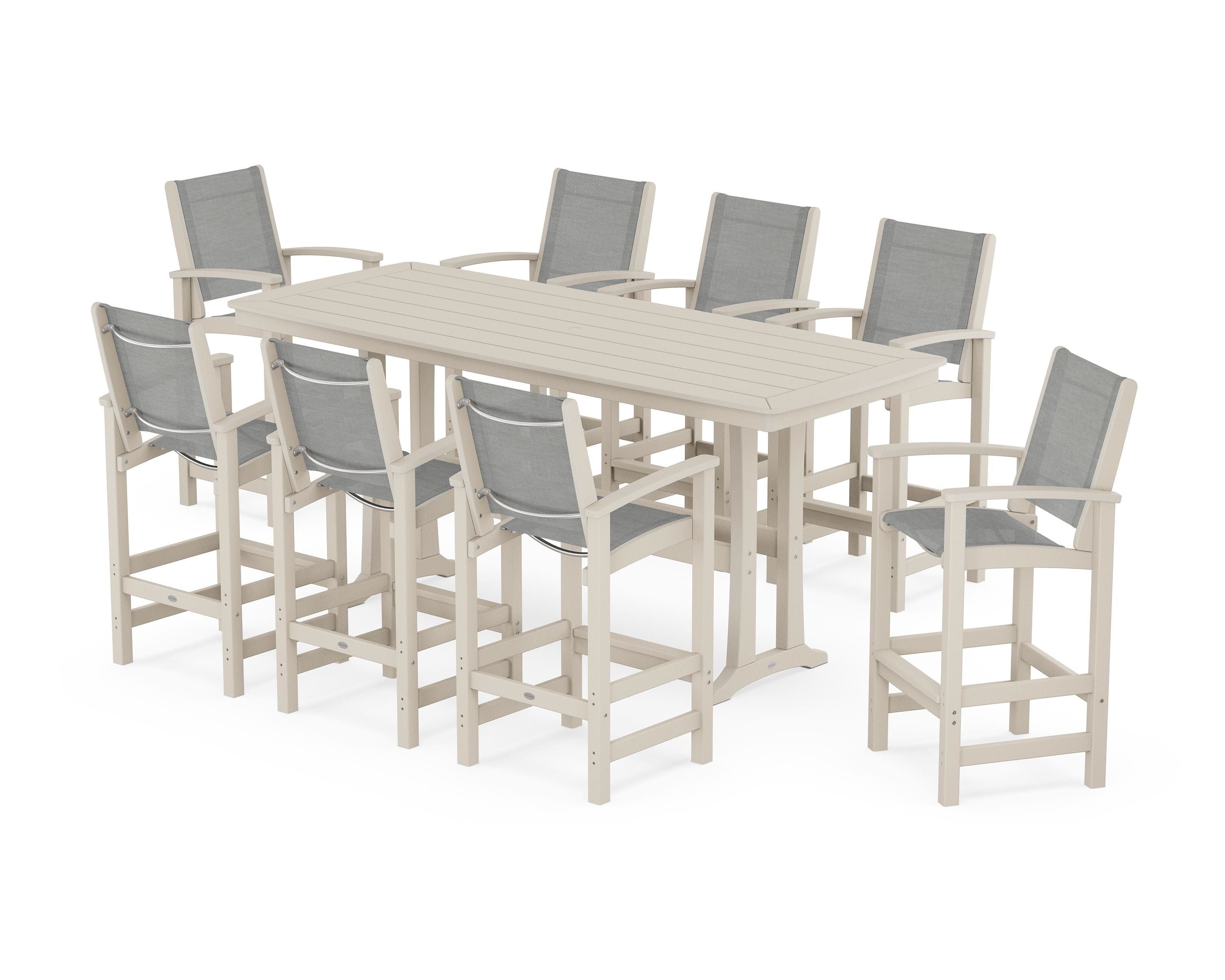 POLYWOOD Coastal 9-Piece Bar Set with Trestle Legs in Sand / Metallic Sling