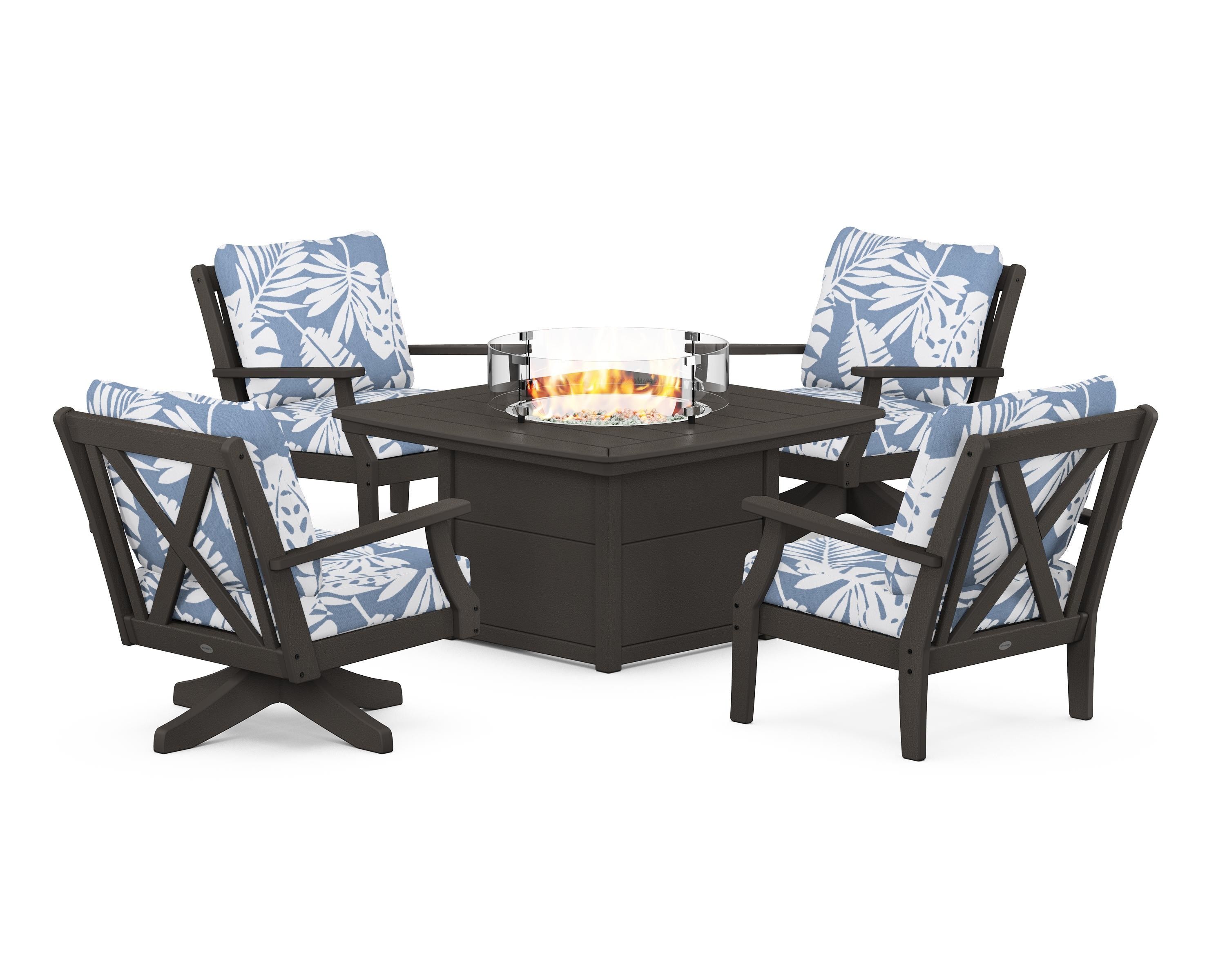 POLYWOOD Braxton 5-Piece Deep Seating Set with Fire Table in Vintage Coffee / Leaf Sky Blue