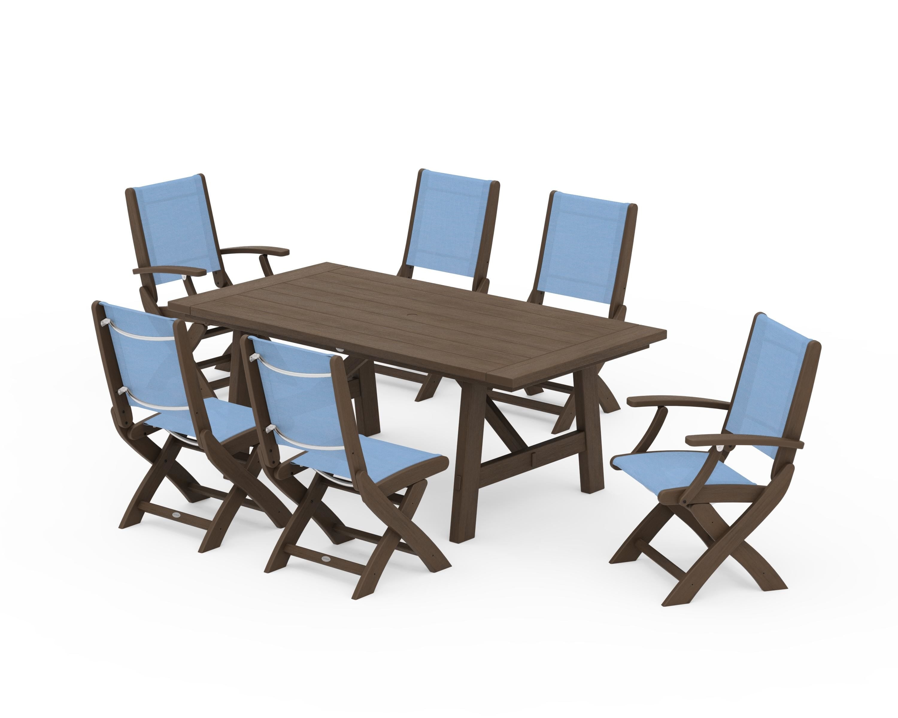 POLYWOOD Coastal Folding Chair 7-Piece Rustic Farmhouse Dining Set in Kona / Poolside Sling