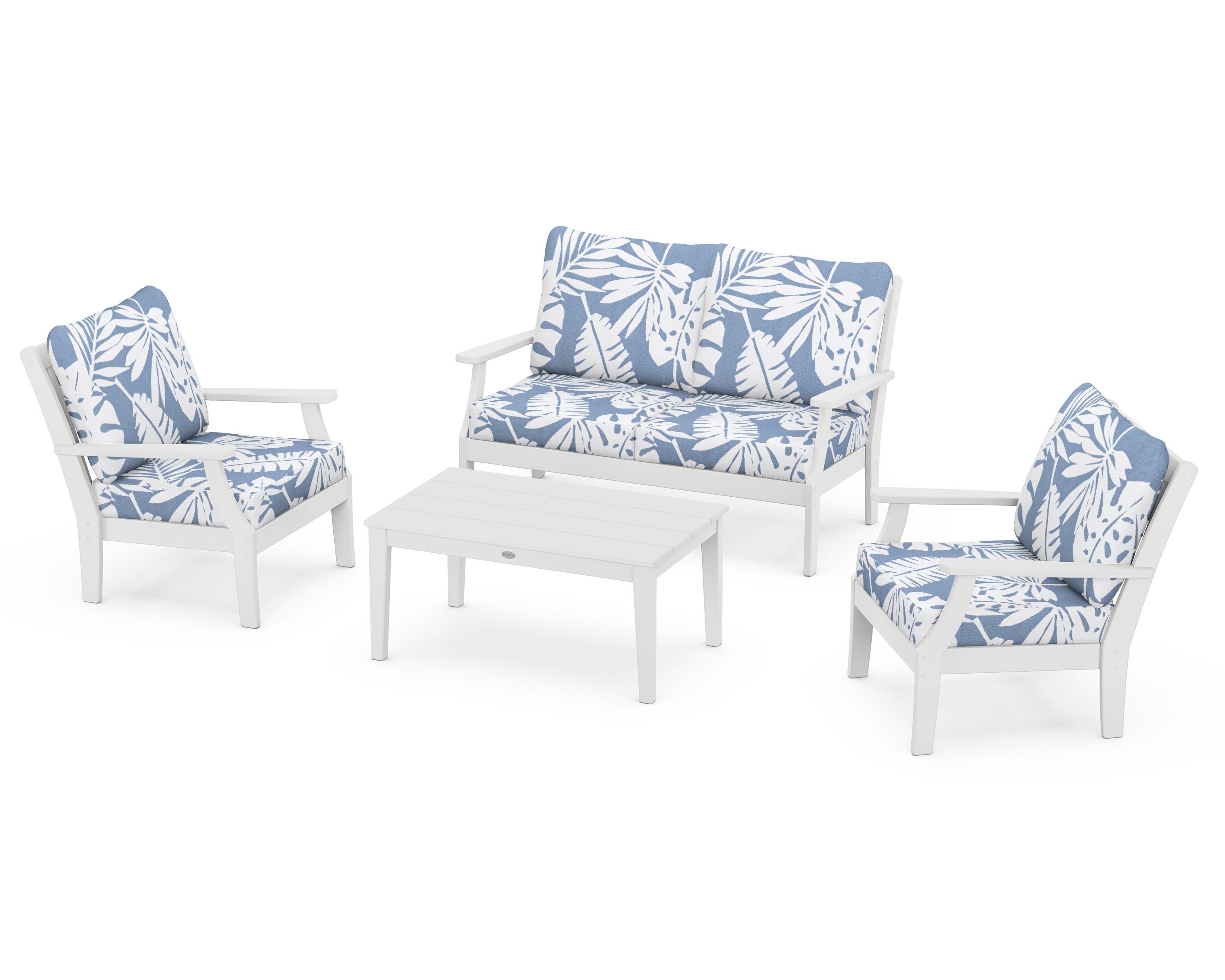 POLYWOOD Braxton 4-Piece Deep Seating Chair Set in White / Leaf Sky Blue