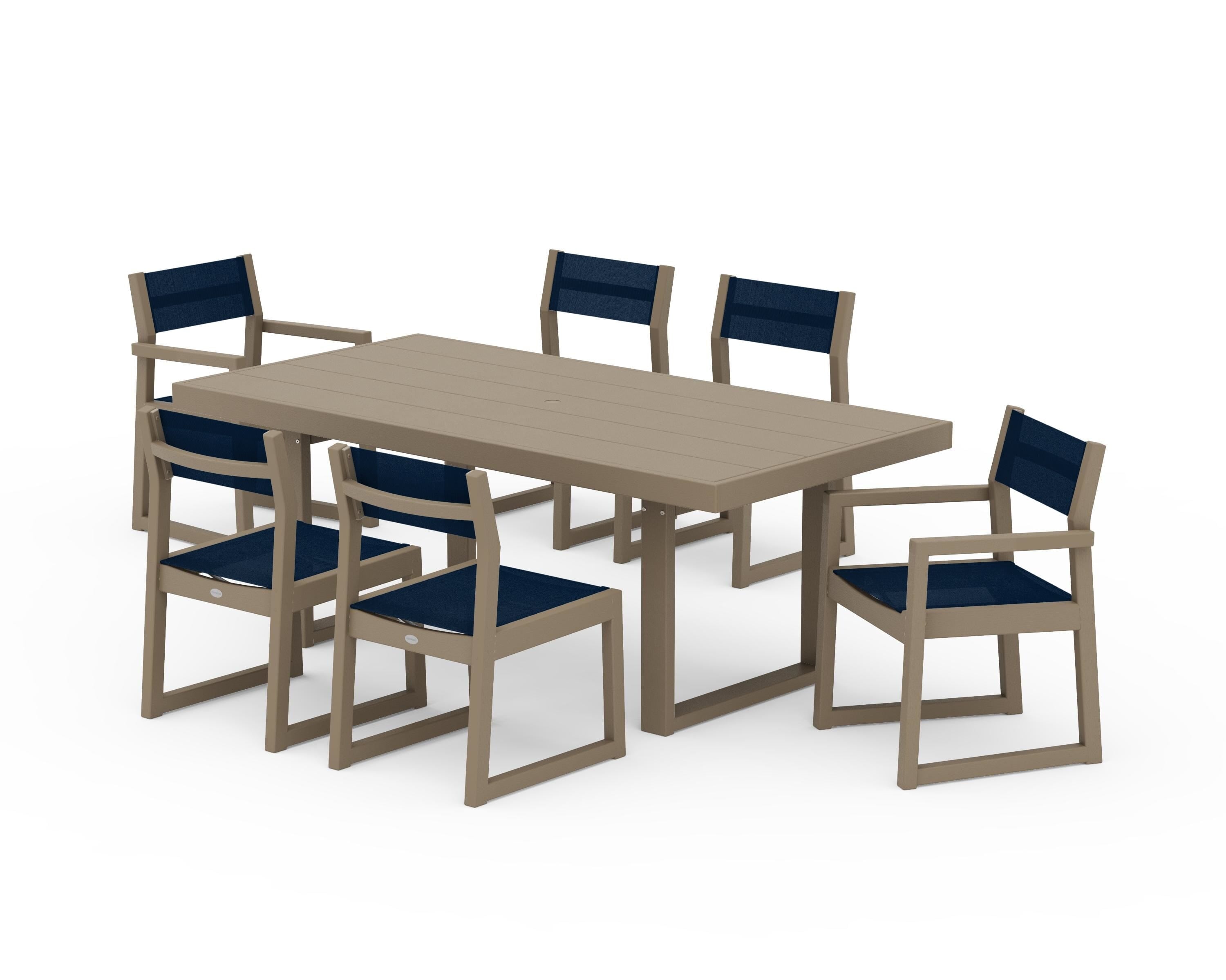 POLYWOOD EDGE Sling 7-Piece Dining Set in Vintage Sahara / Navy Blue Sling