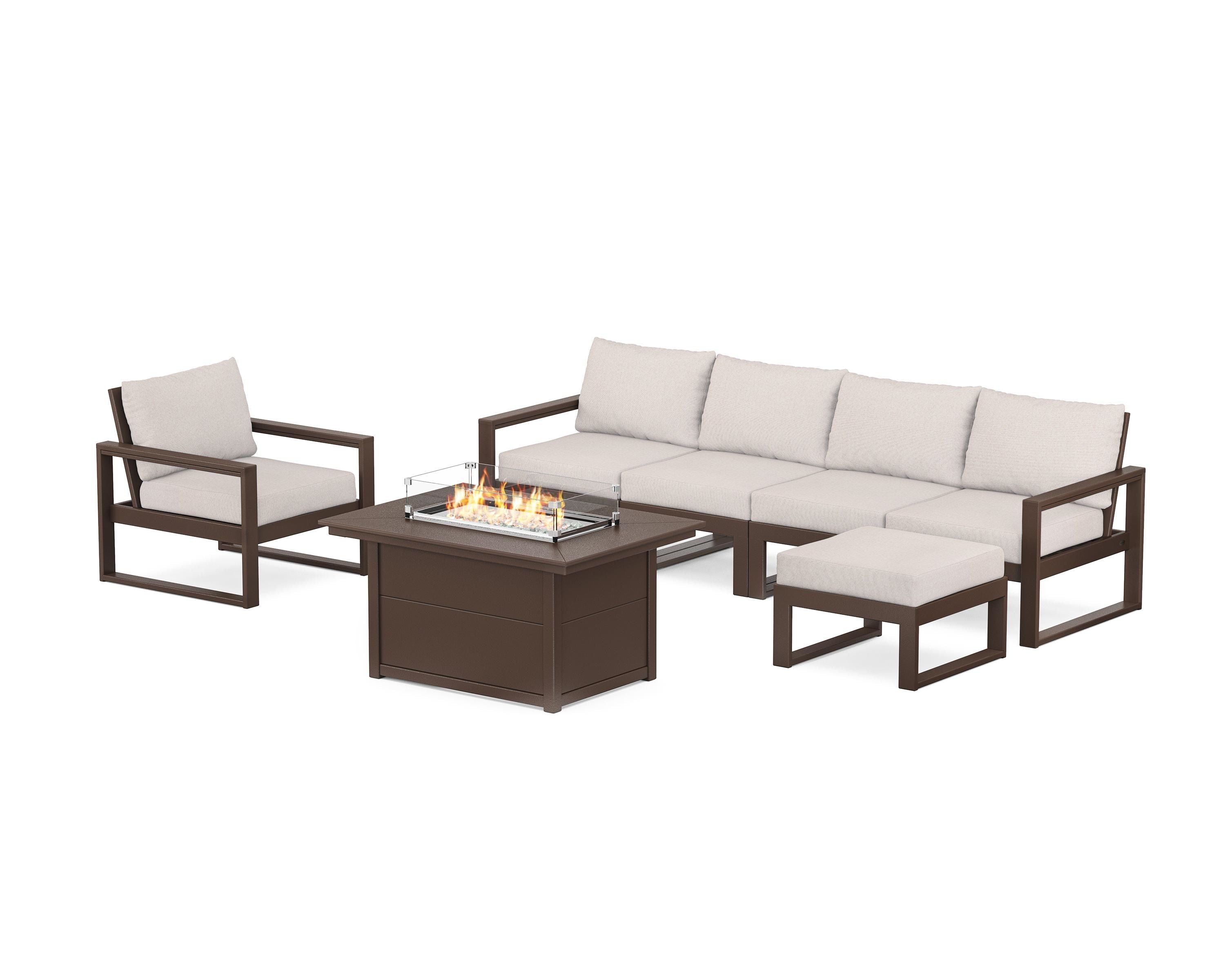 POLYWOOD EDGE Sectional Lounge and Fire Pit Set in Mahogany / Dune Burlap