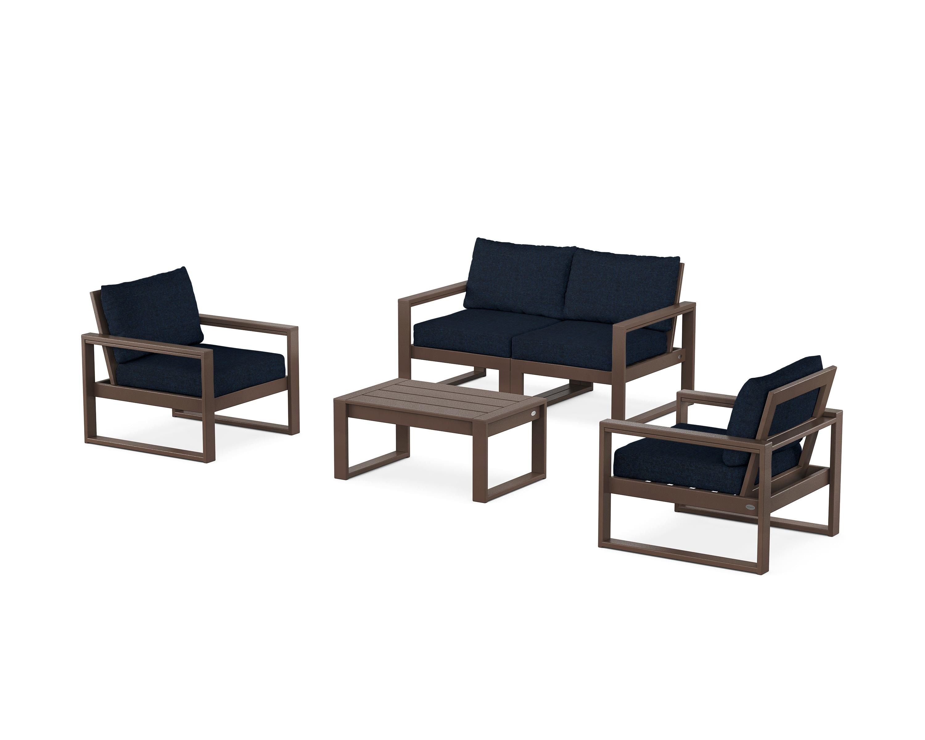 POLYWOOD EDGE Sectional 4-Piece Deep Seating Set with Loveseat in Mahogany / Marine Indigo