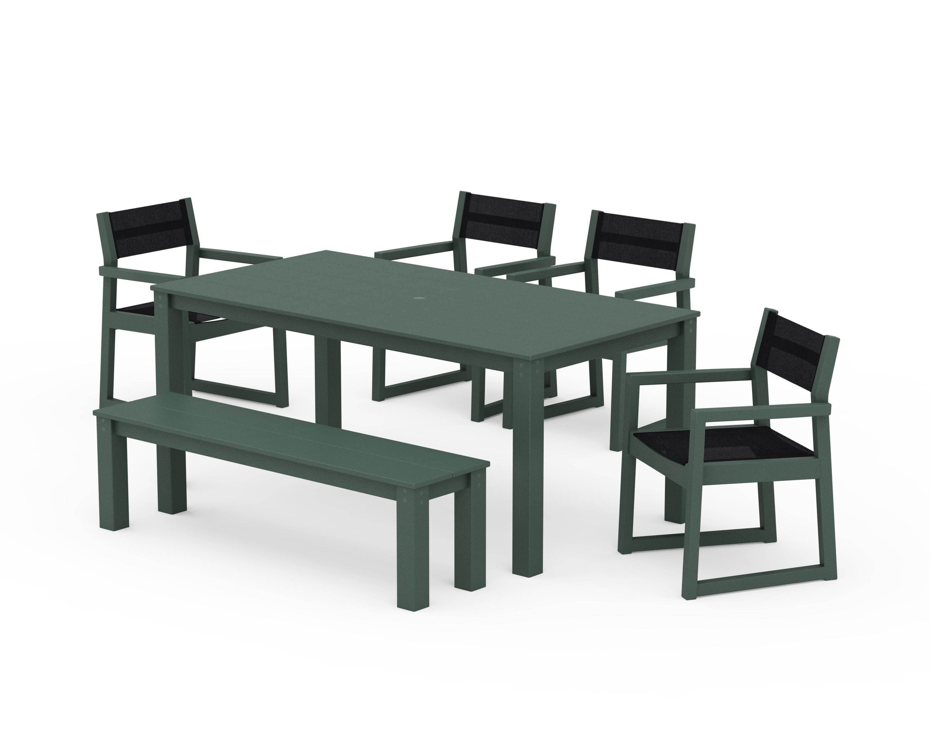POLYWOOD EDGE Sling Arm Chair 6-Piece Parsons Dining Set with Bench in Green / Black Sling