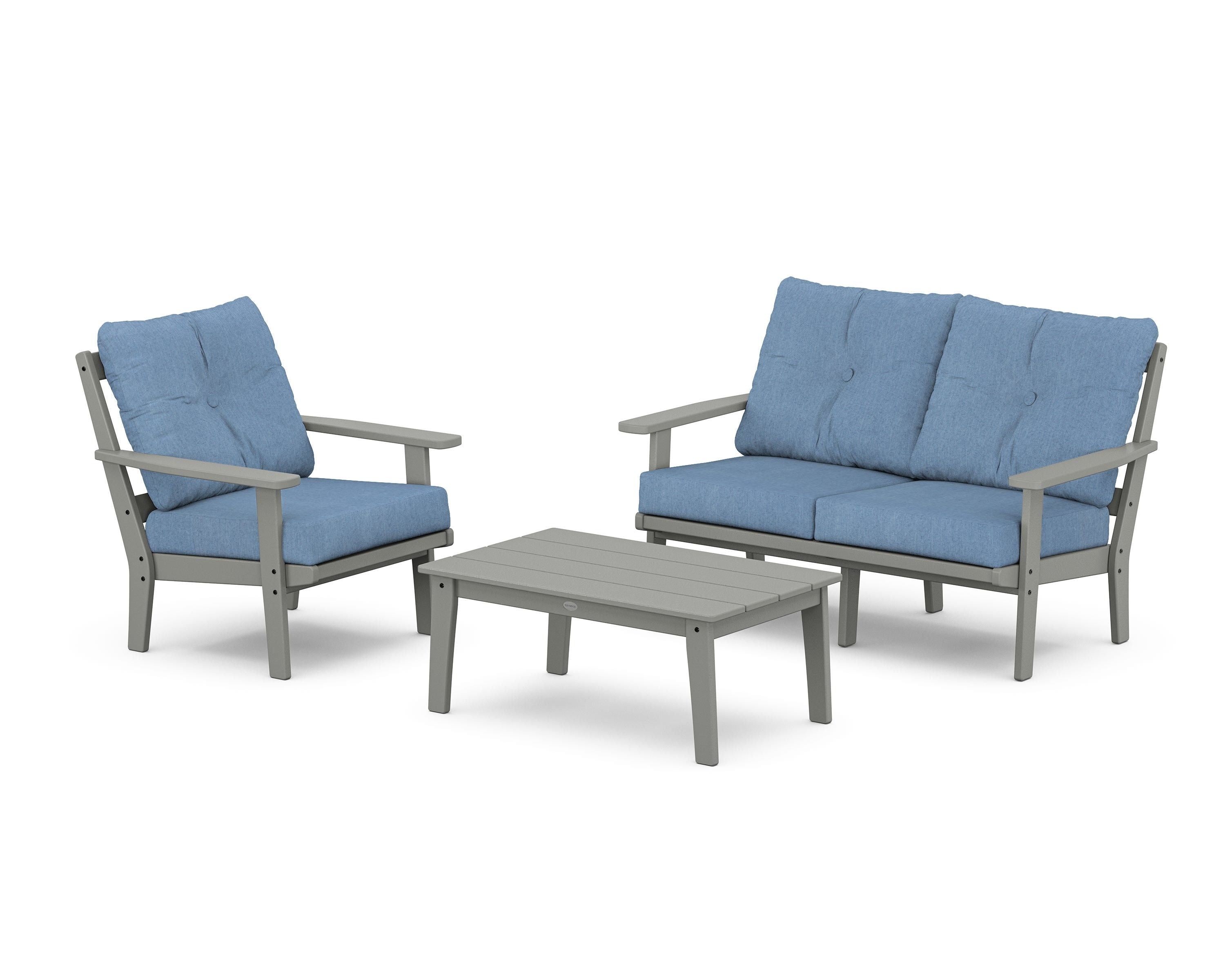 POLYWOOD Oxford 3-Piece Deep Seating Set with Loveseat in Slate Grey / Sky Blue