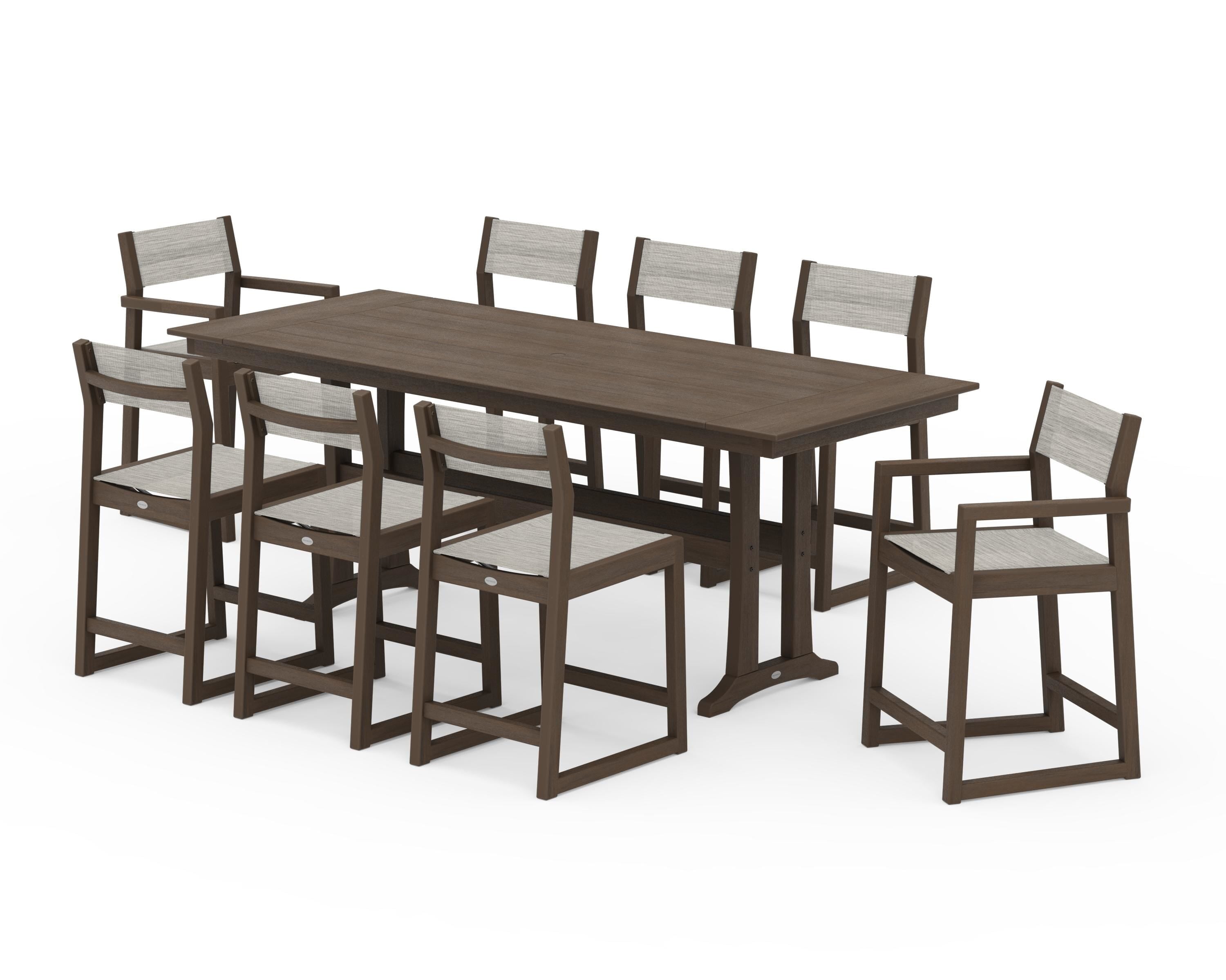 POLYWOOD EDGE Sling 9-Piece Farmhouse Counter Set with Trestle Legs in Kona / Birch Sling