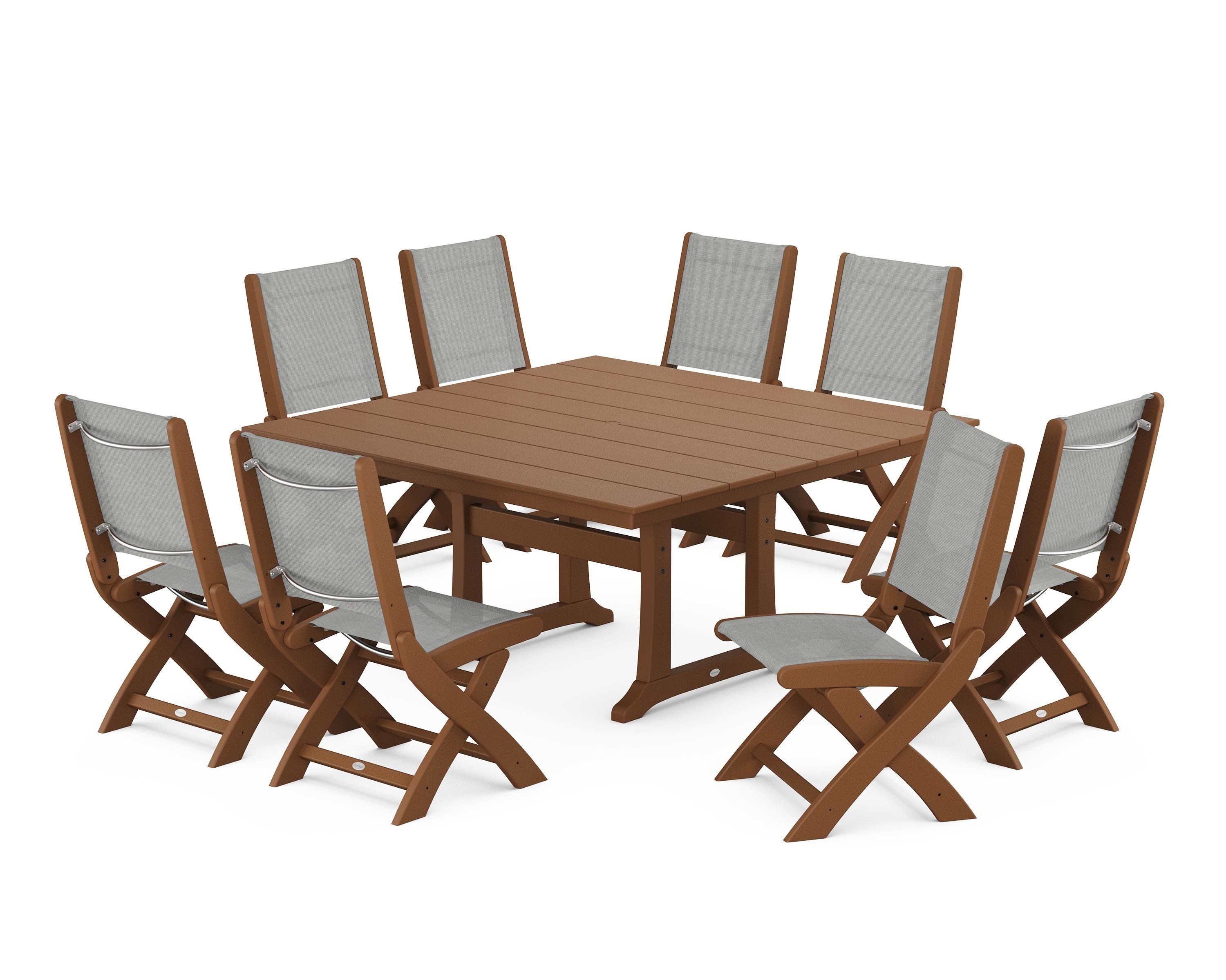POLYWOOD Coastal Folding Side Chair 9-Piece Farmhouse Dining Set in Teak / Metallic Sling