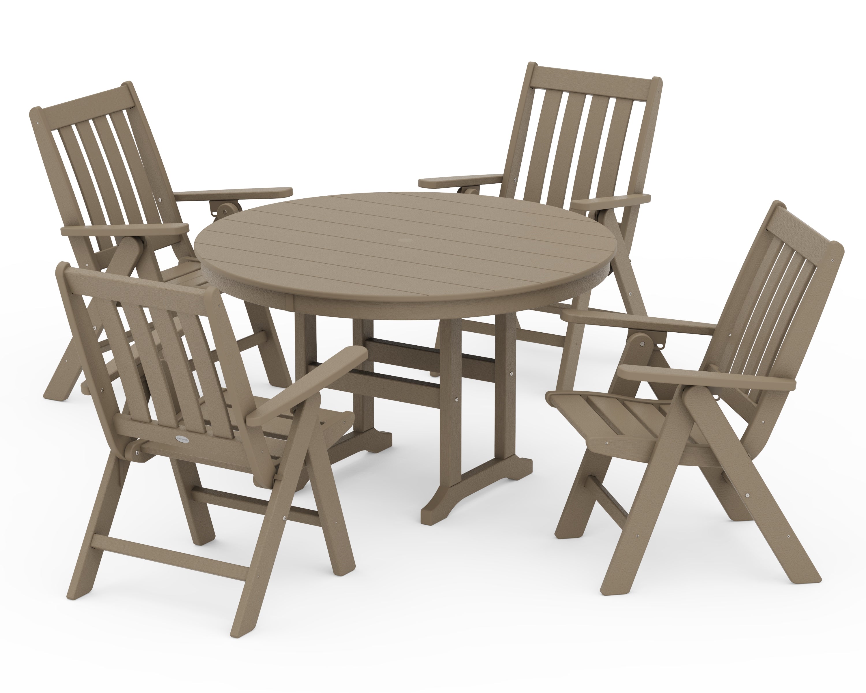 POLYWOOD Vineyard Folding Chair 5-Piece Round Farmhouse Dining Set in Vintage Sahara