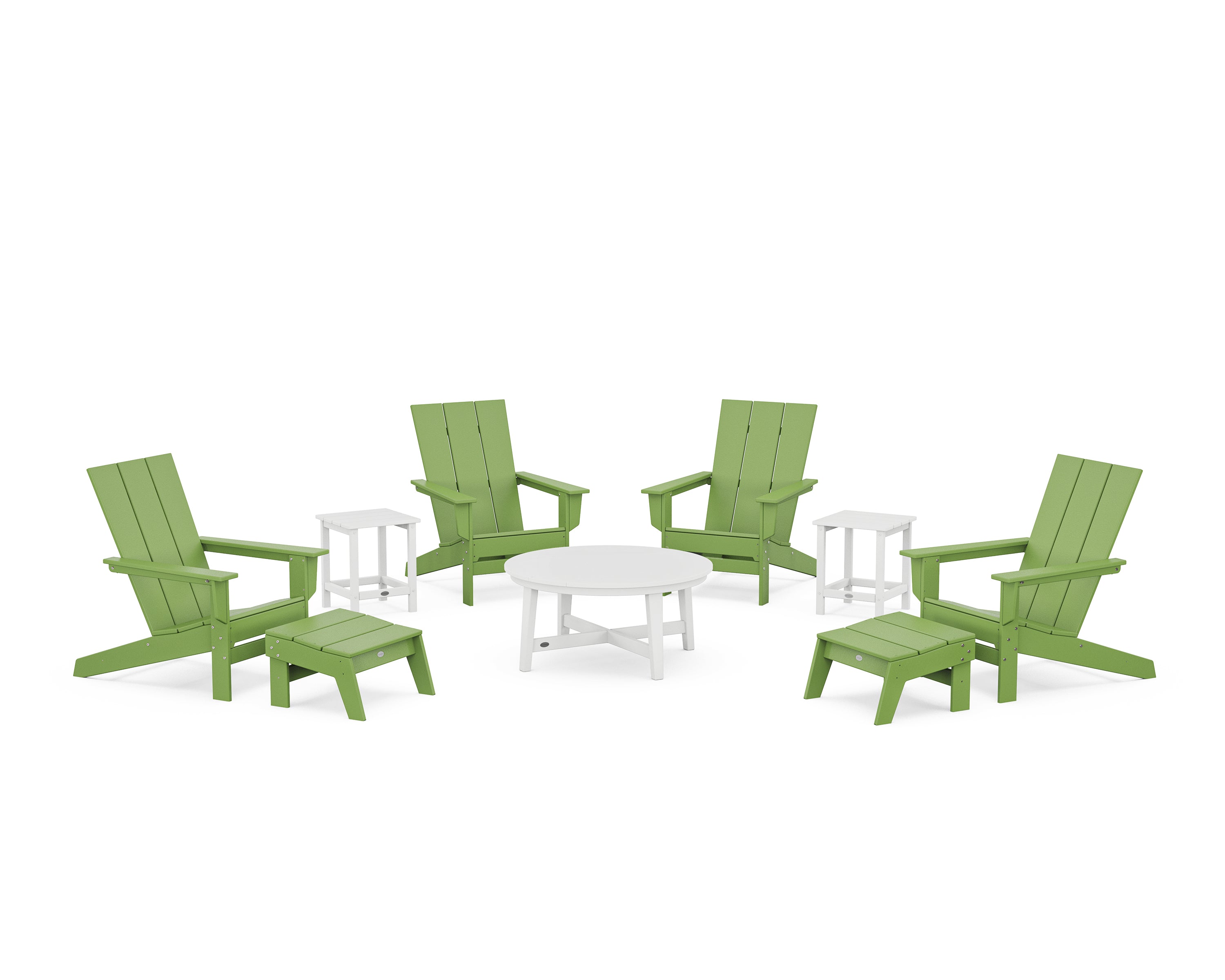 POLYWOOD® Modern Studio Adirondack 9-Piece Conversation Set in Lime / White