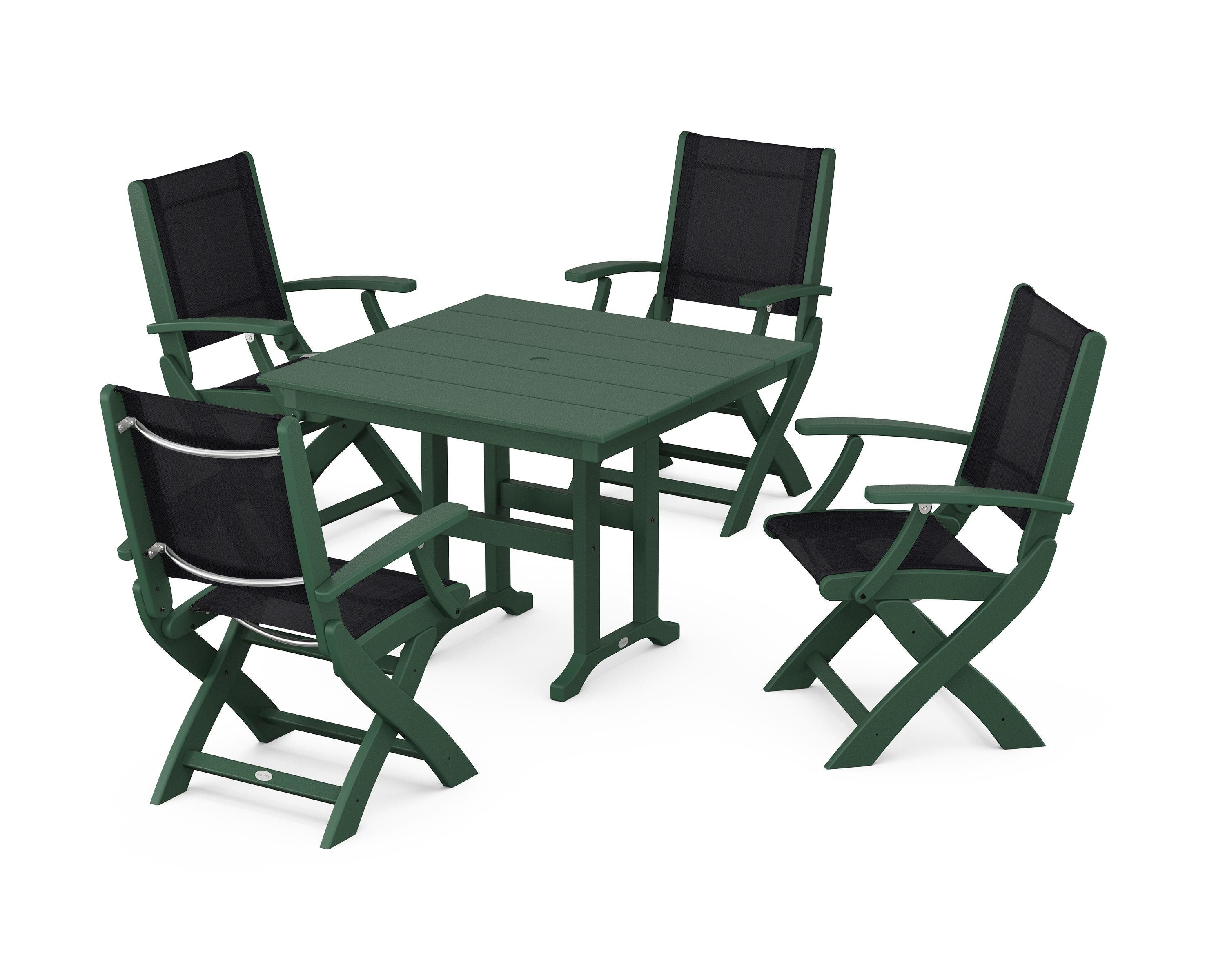 POLYWOOD Coastal Folding Chair 5-Piece Farmhouse Dining Set in Green / Black Sling
