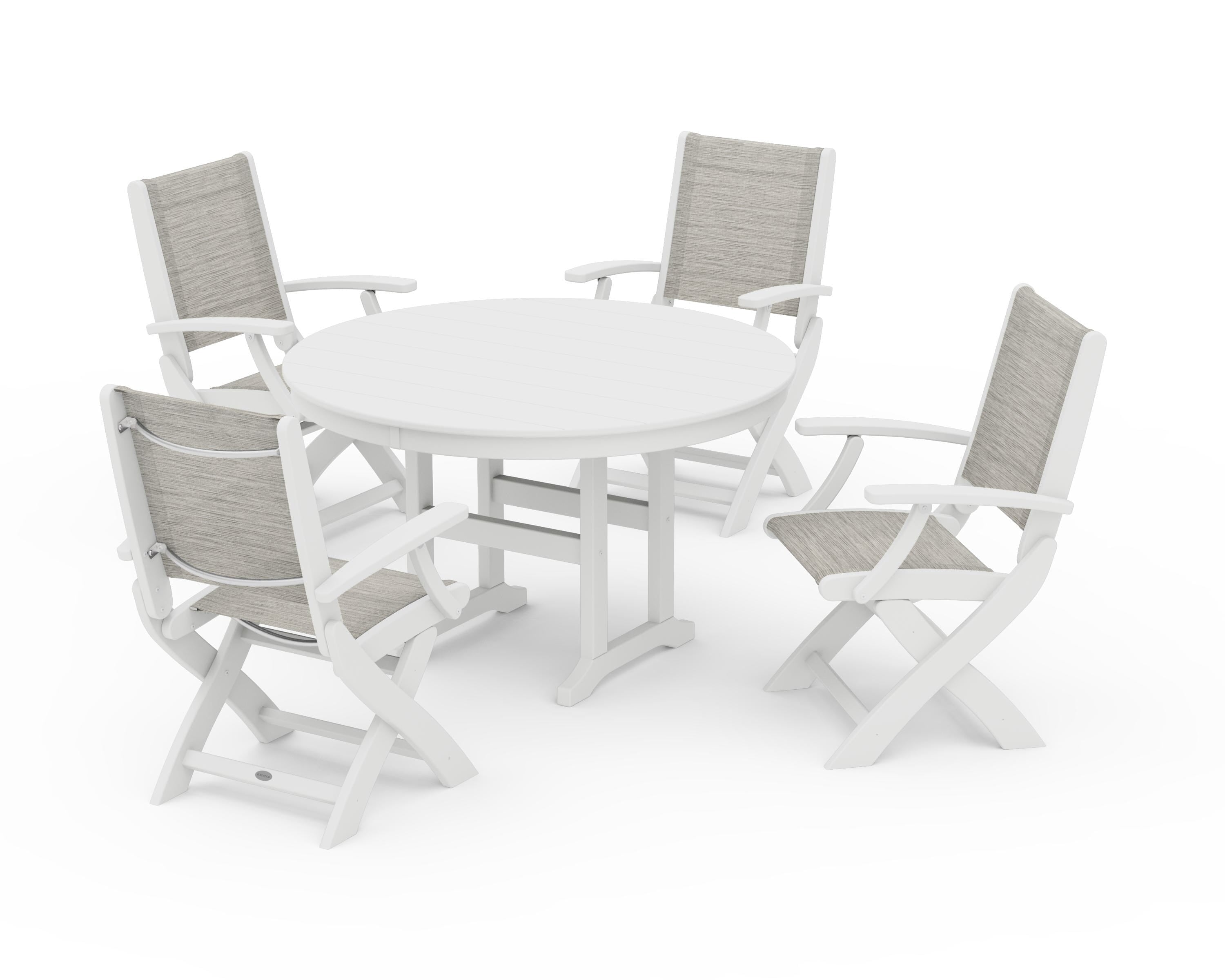POLYWOOD Coastal Folding Chair 5-Piece Round Dining Set in White / Birch Sling