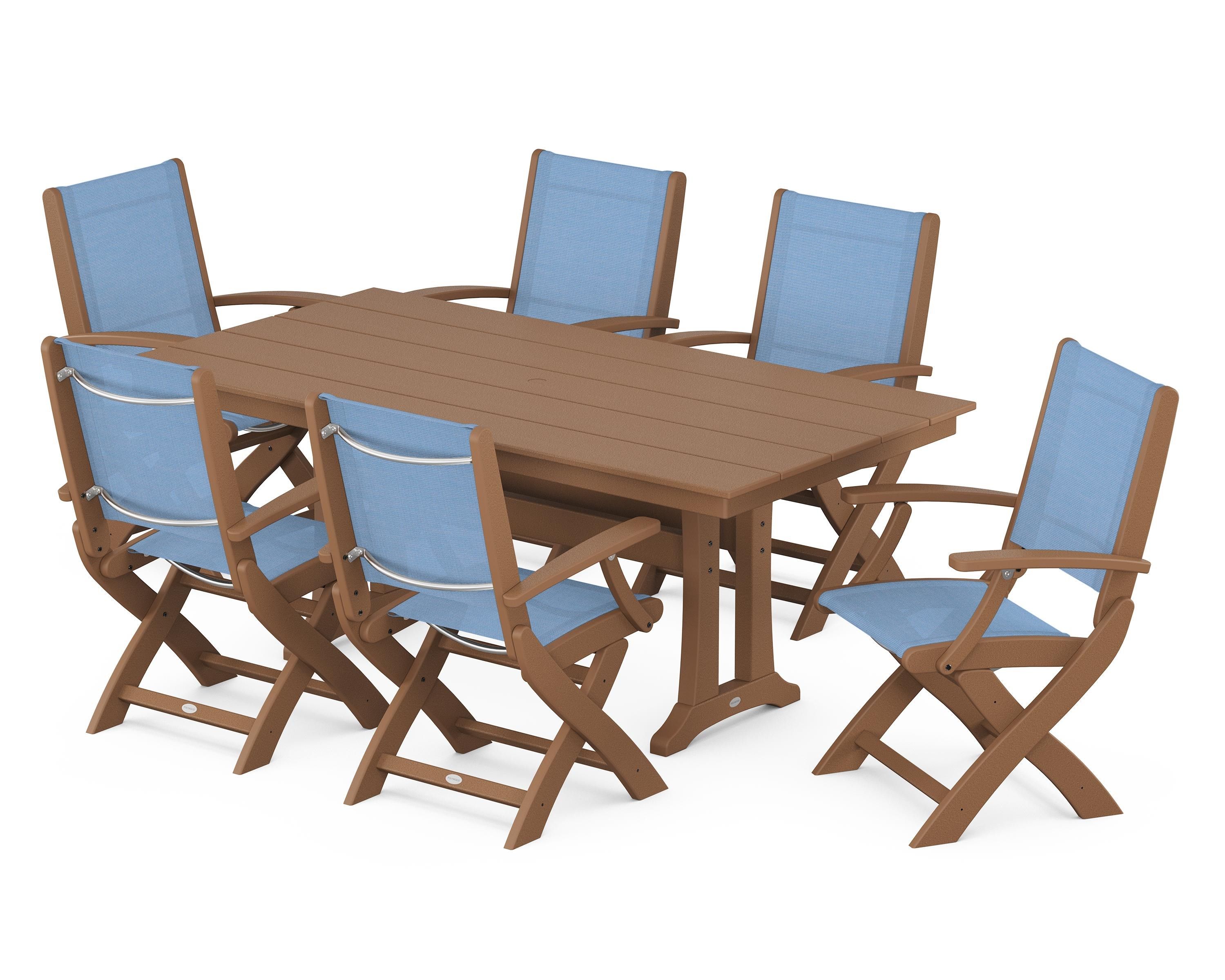 POLYWOOD Coastal Folding Arm Chair 7-Piece Farmhouse Dining Set with Trestle Legs in Teak / Poolside Sling