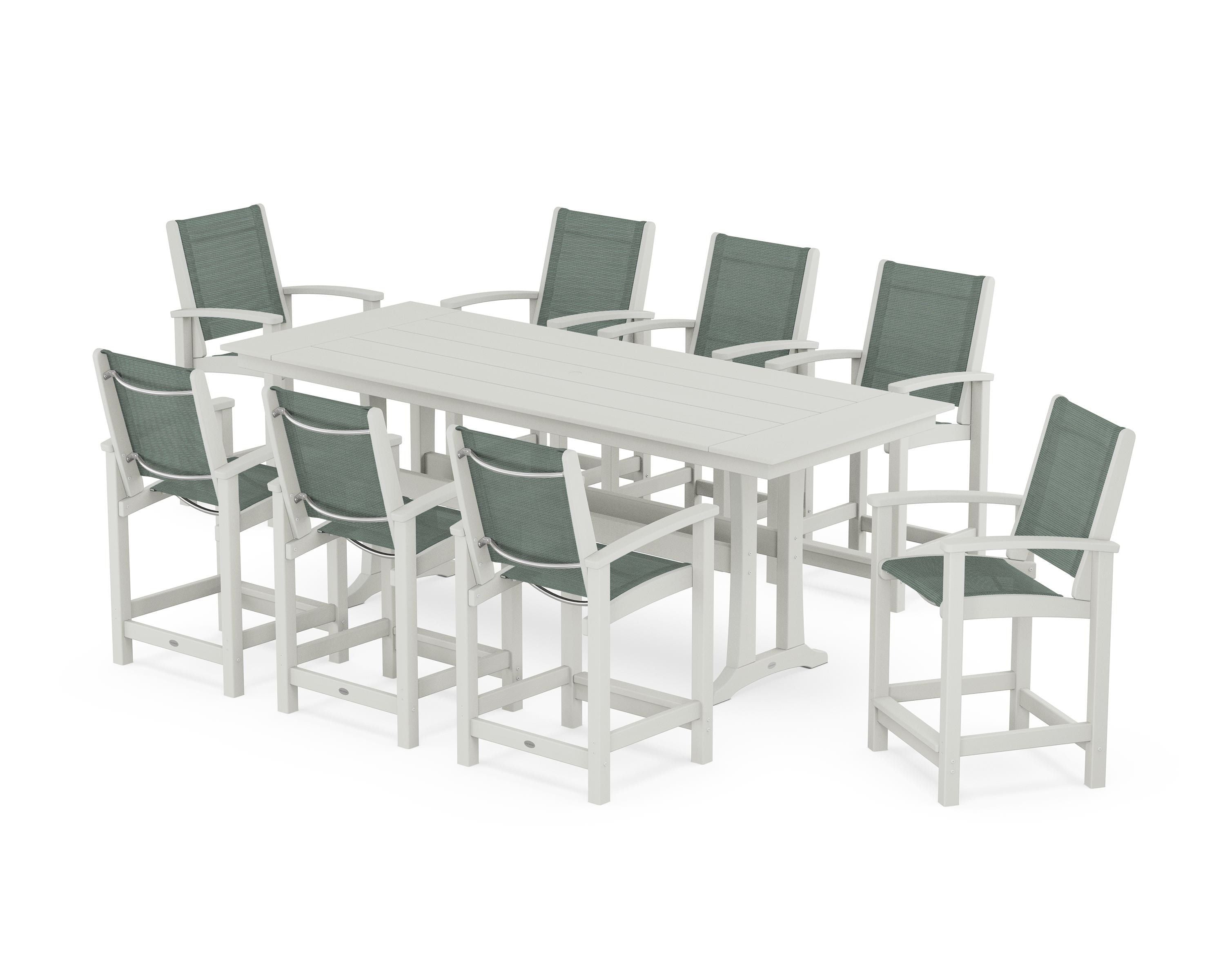 POLYWOOD Coastal 9-Piece Farmhouse Counter Set with Trestle Legs in Vintage White / Dupioni Sea Mist Sling