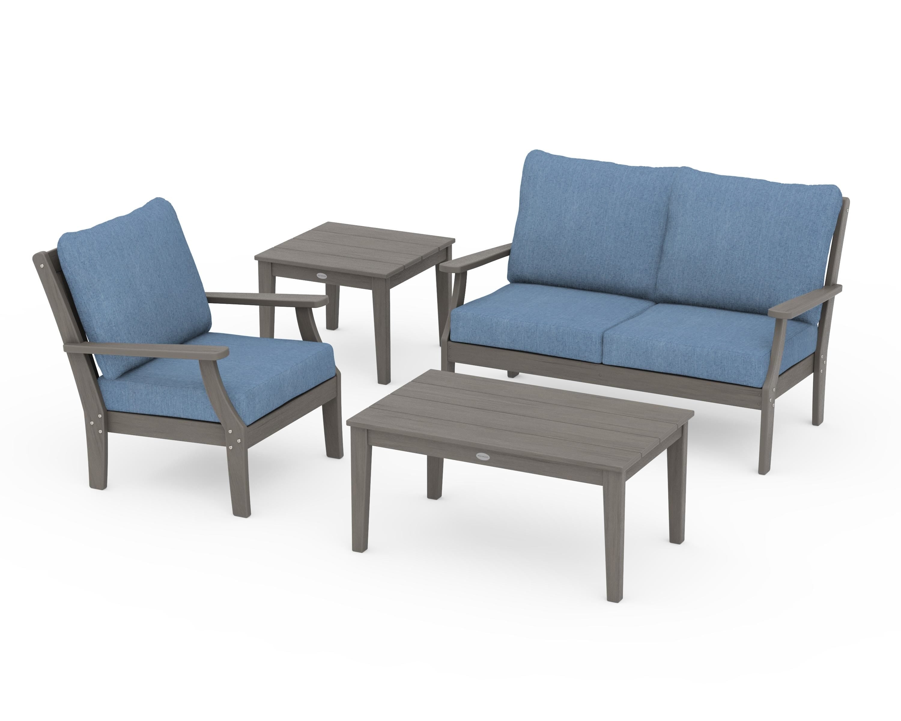 POLYWOOD Braxton 4-Piece Deep Seating Set in Driftwood / Sky Blue