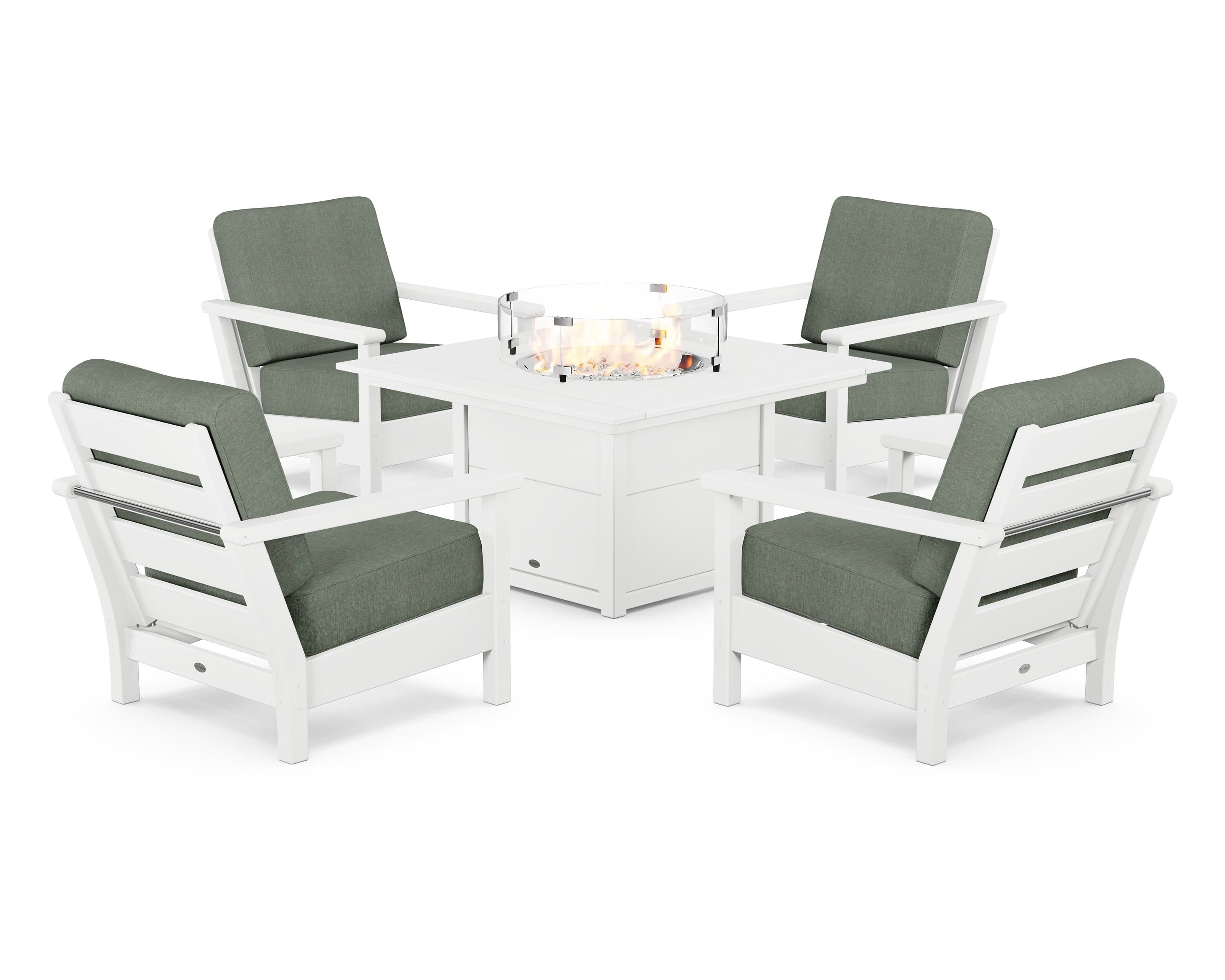 POLYWOOD Harbour 5-Piece Conversation Set with Fire Pit Table in White / Cast Sage