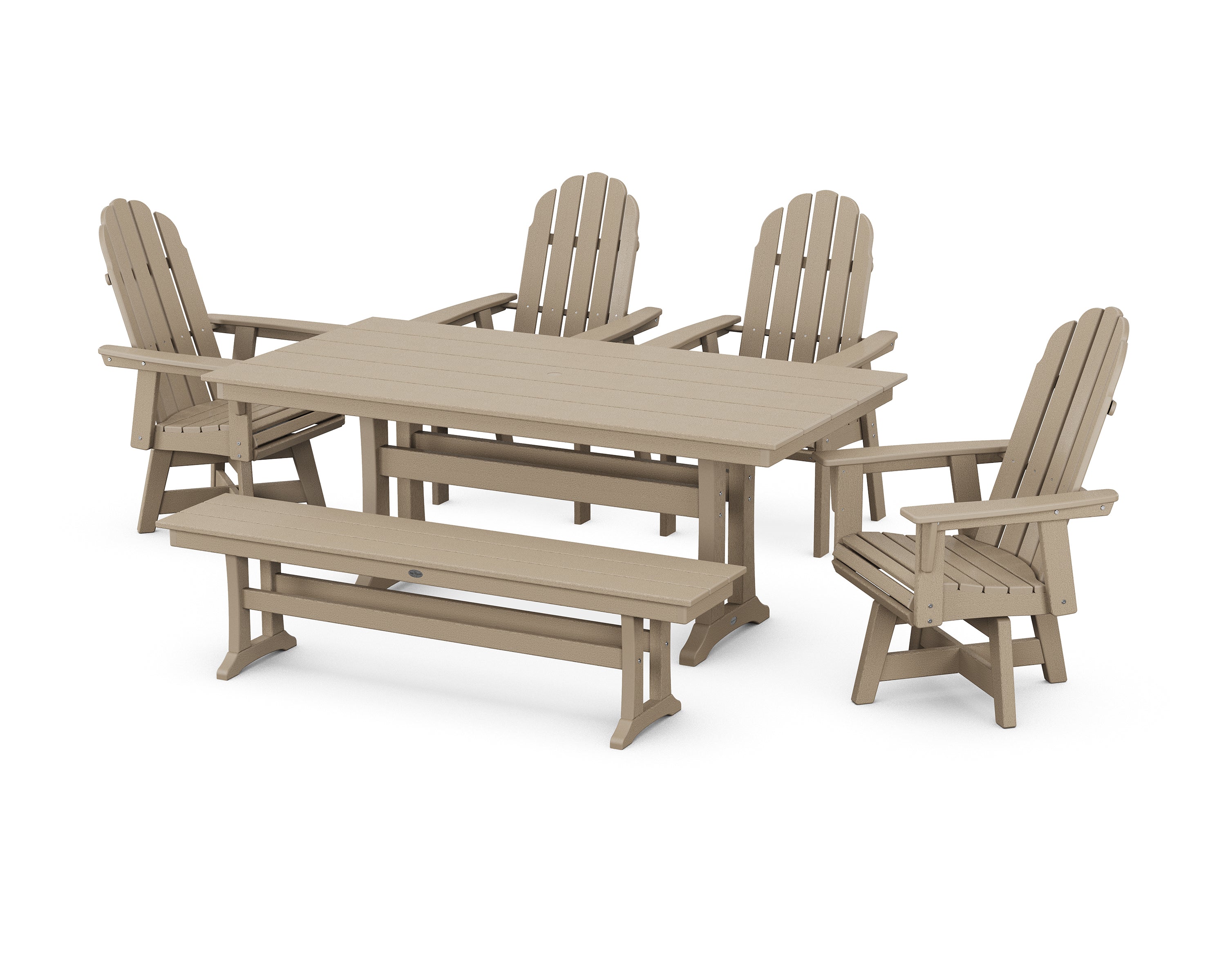 POLYWOOD® Vineyard Curveback Adirondack 6-Piece Swivel Chair Farmhouse Dining Set with Trestle Legs and Bench in Vintage Sahara