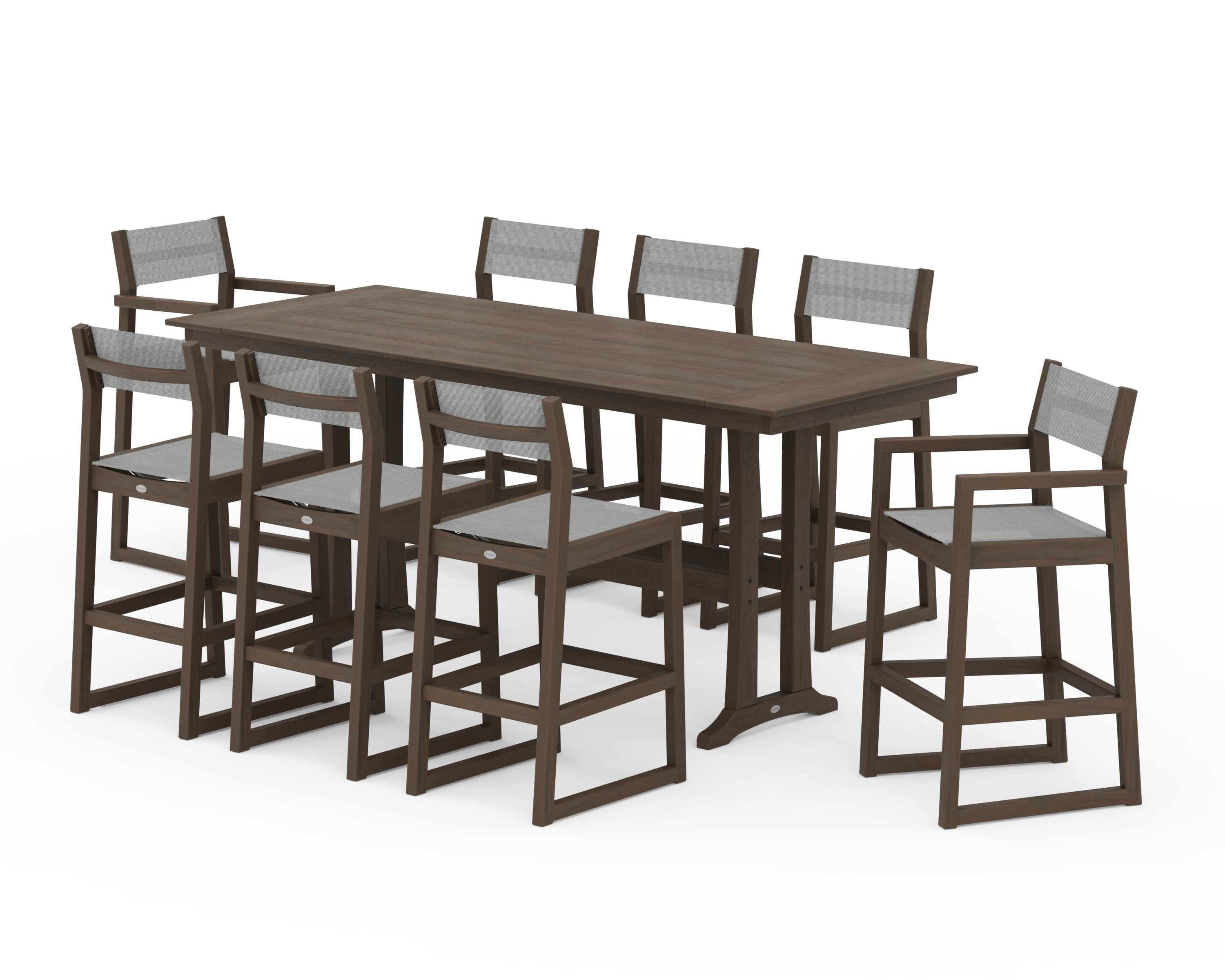 POLYWOOD EDGE Sling 9-Piece Farmhouse Bar Set with Trestle Legs in Kona / Metallic Sling
