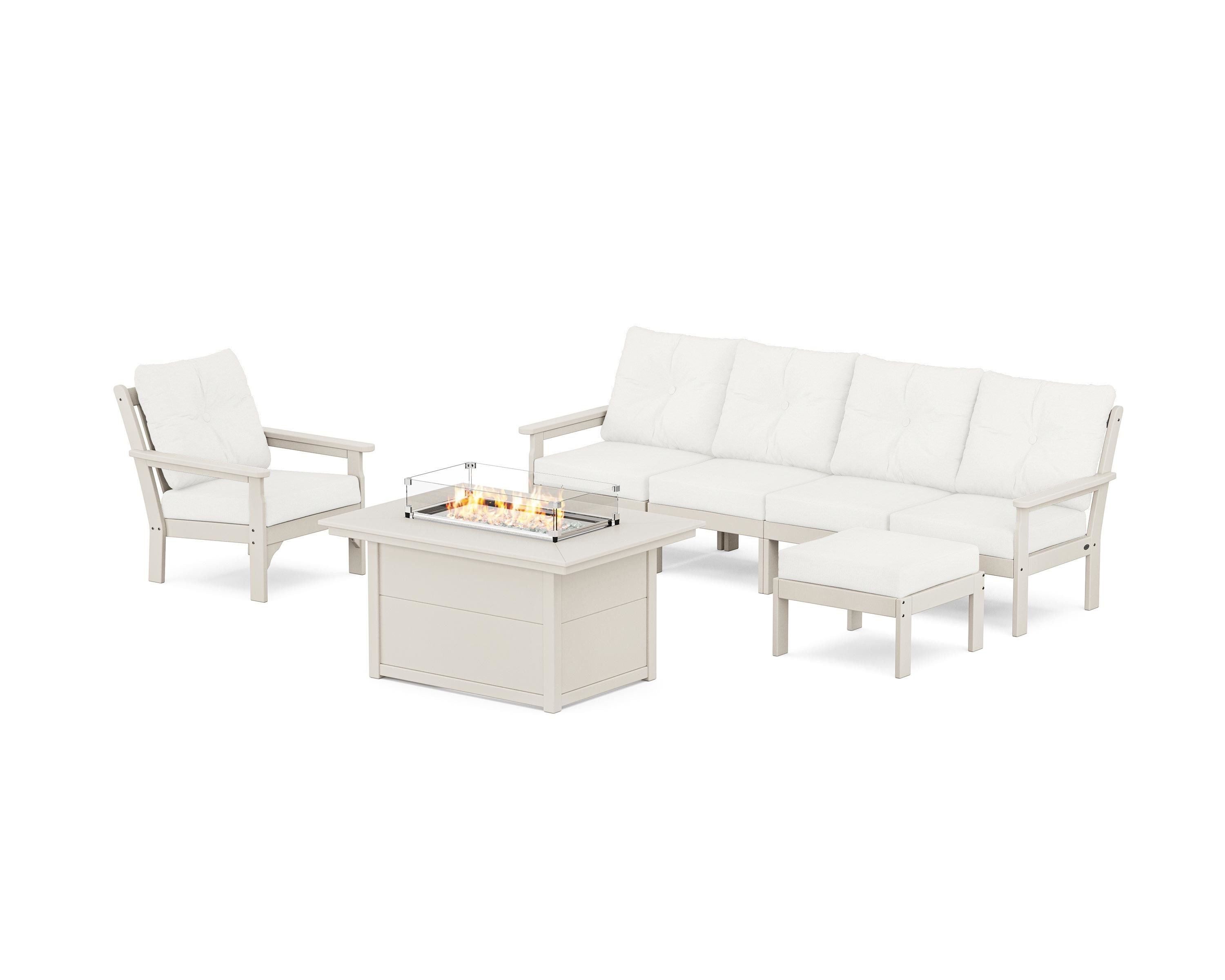 POLYWOOD Vineyard Sectional Lounge and Fire Pit Set in Sand / Natural Linen