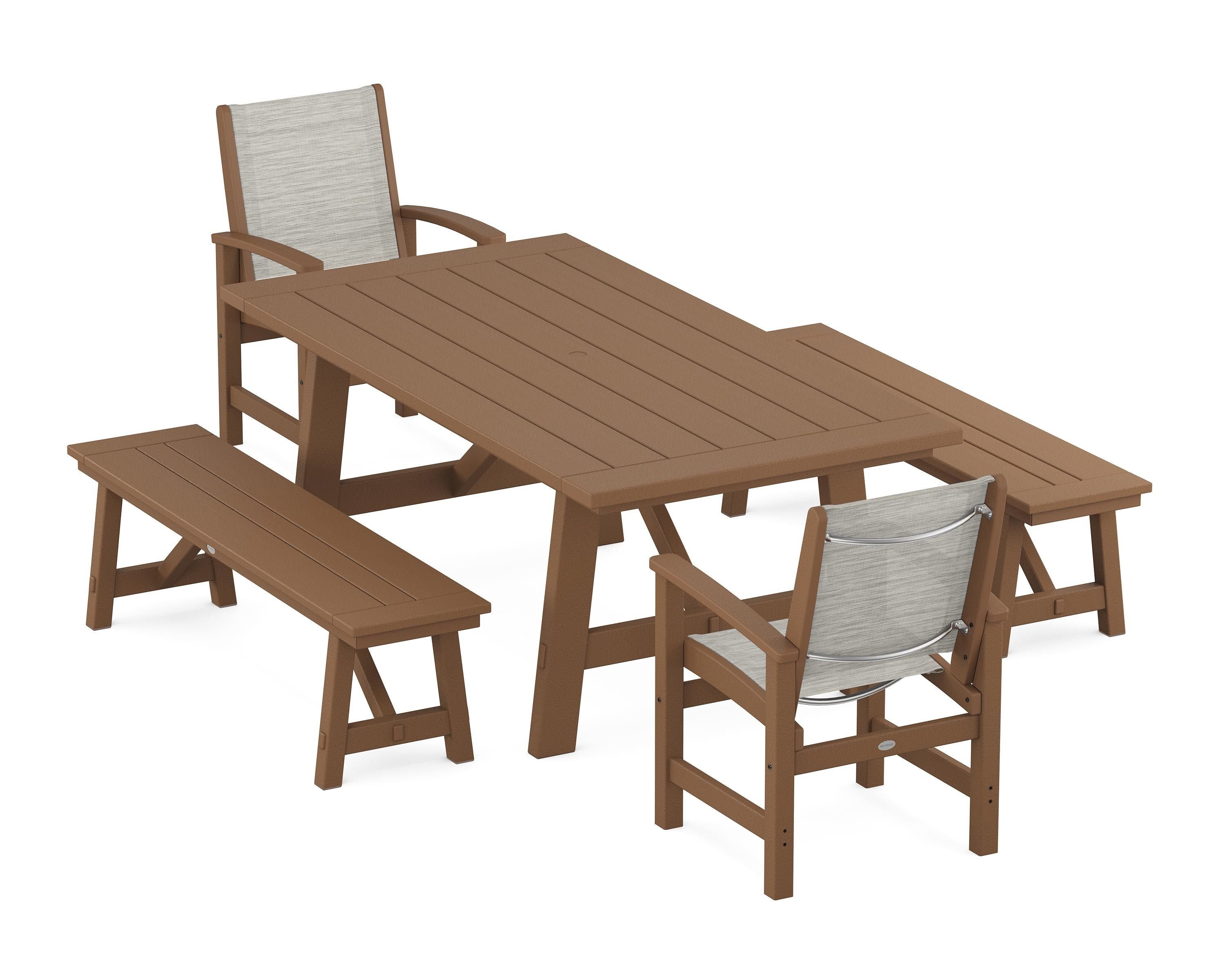 POLYWOOD Coastal 5-Piece Rustic Farmhouse Dining Set With Benches in Teak / Birch Sling