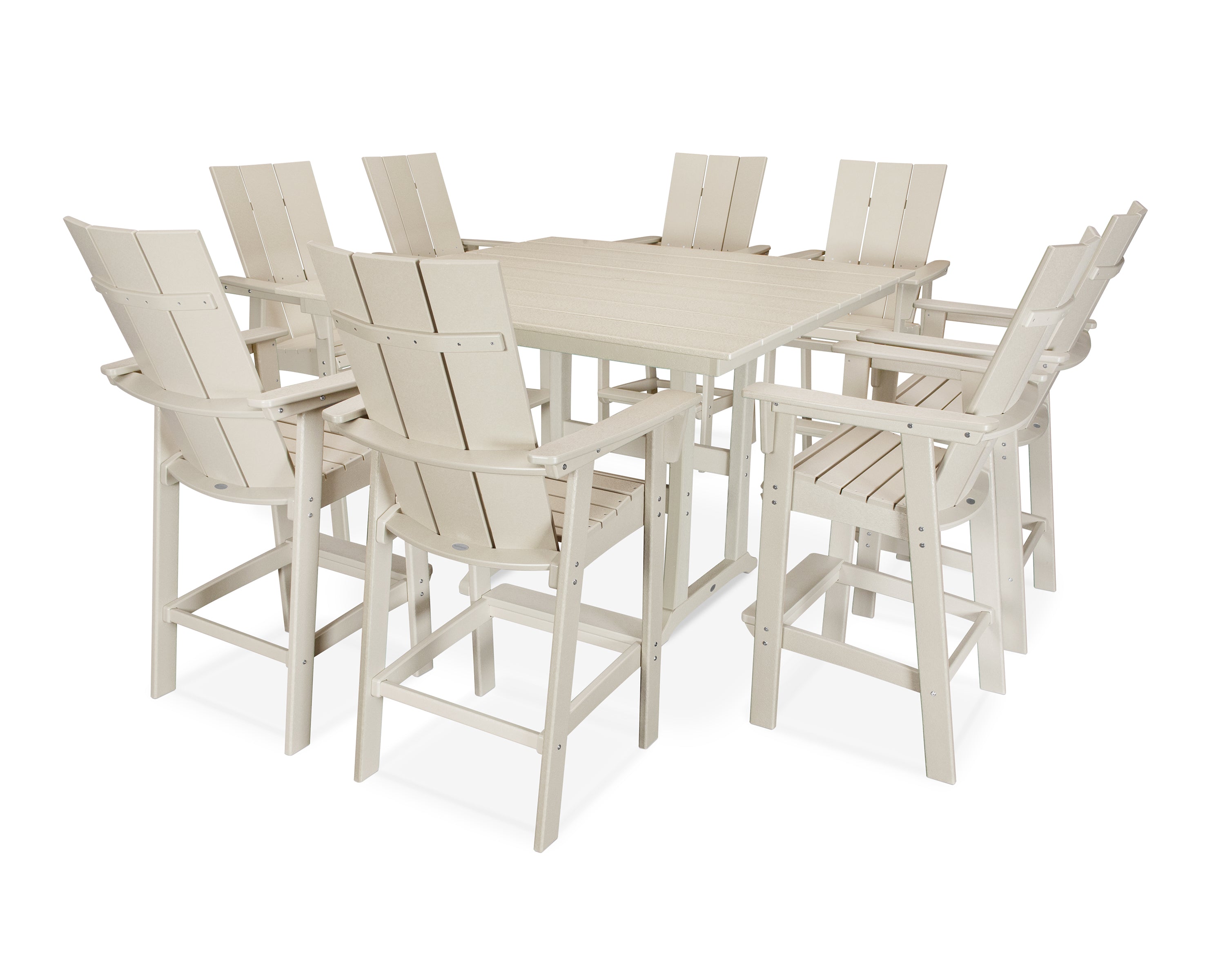 POLYWOOD® Modern Curveback Adirondack 9-Piece Farmhouse Trestle Bar Set in Sand