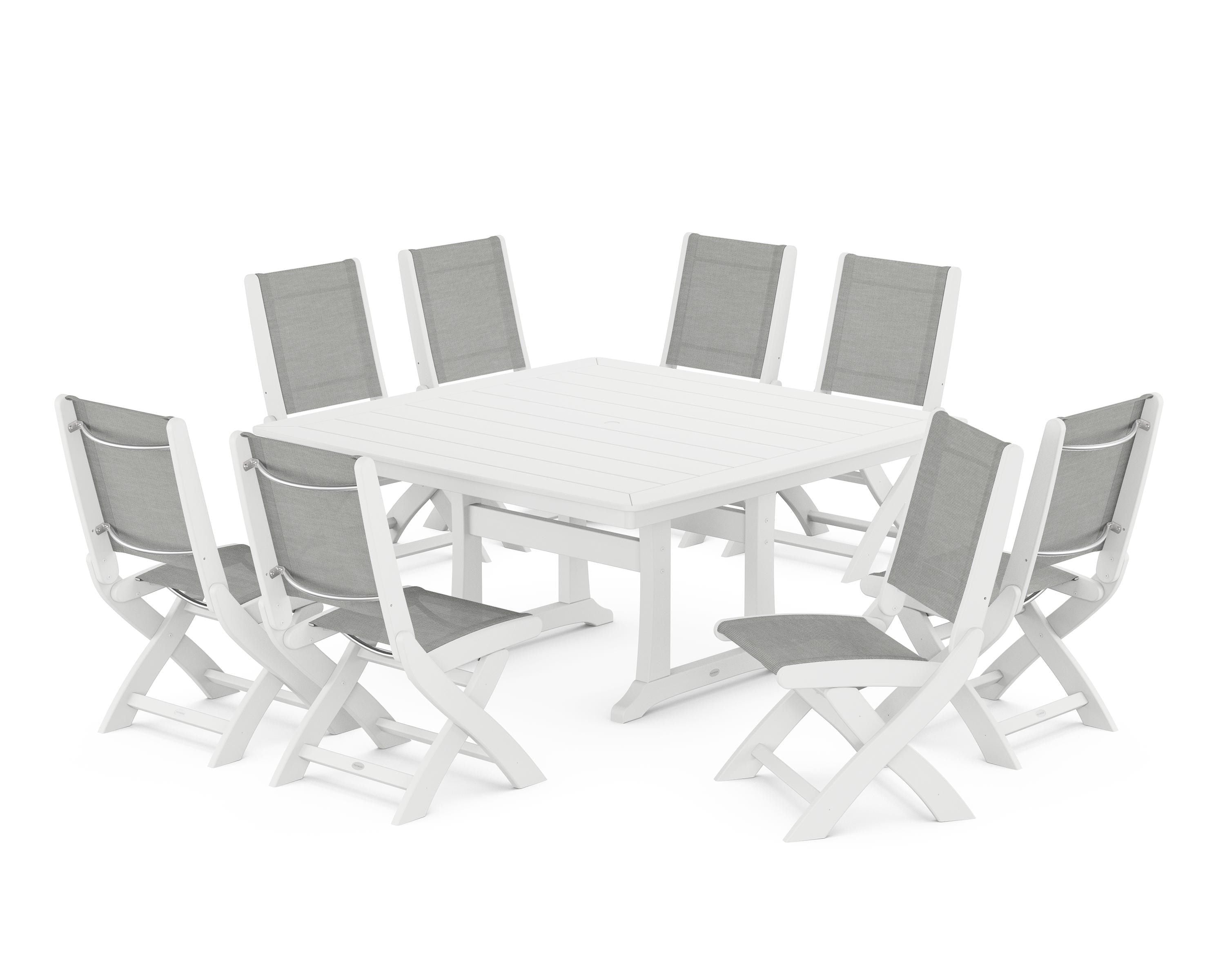 POLYWOOD Coastal Folding Side Chair 9-Piece Dining Set with Trestle Legs in White / Metallic Sling