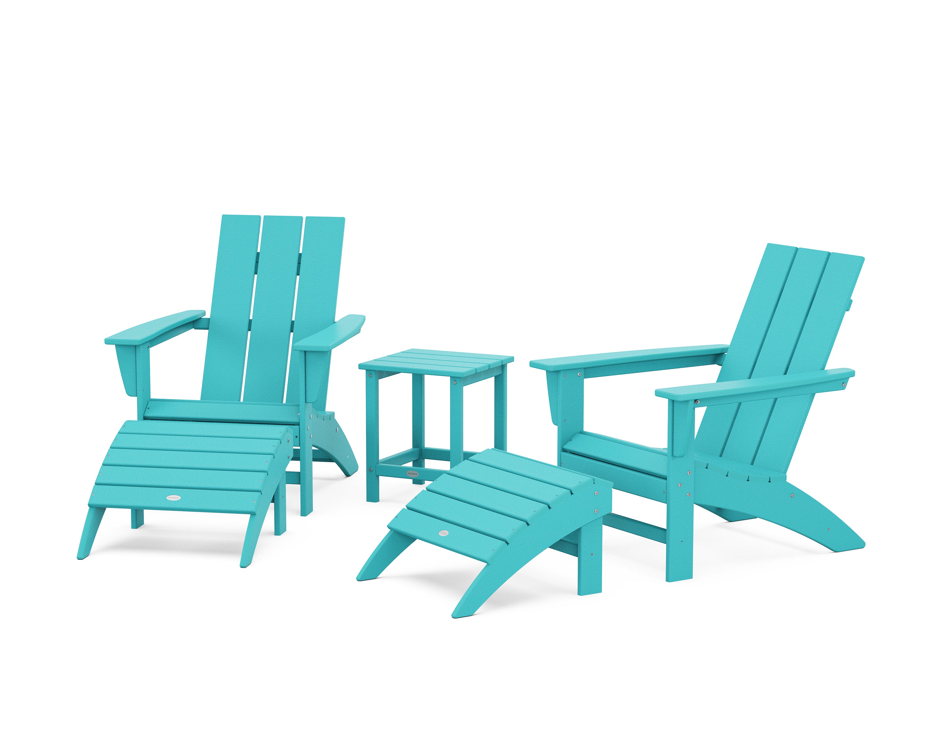 POLYWOOD® Modern Adirondack Chair 5-Piece Set with Ottomans and 18" Side Table in Aruba