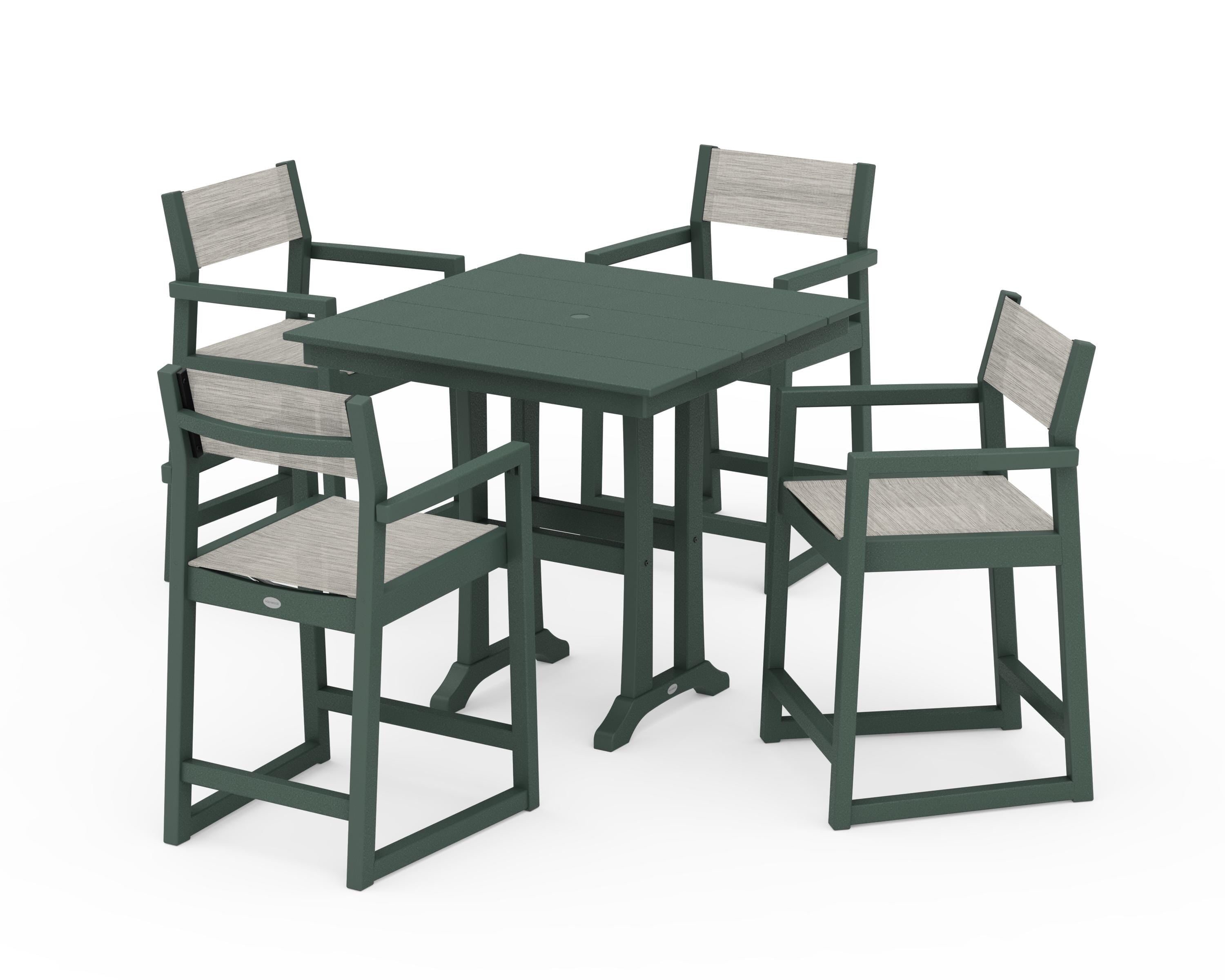 POLYWOOD EDGE Sling Arm Chair 5-Piece Farmhouse Counter Set with Trestle Legs in Green / Birch Sling