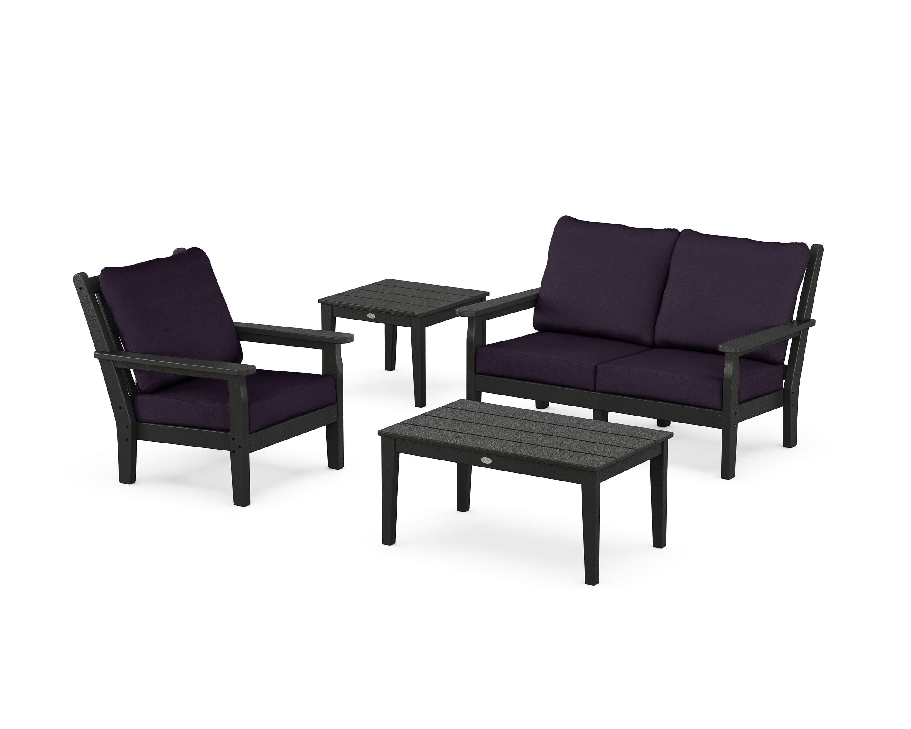 POLYWOOD Chippendale 4-Piece Deep Seating Set in Black / Navy Linen