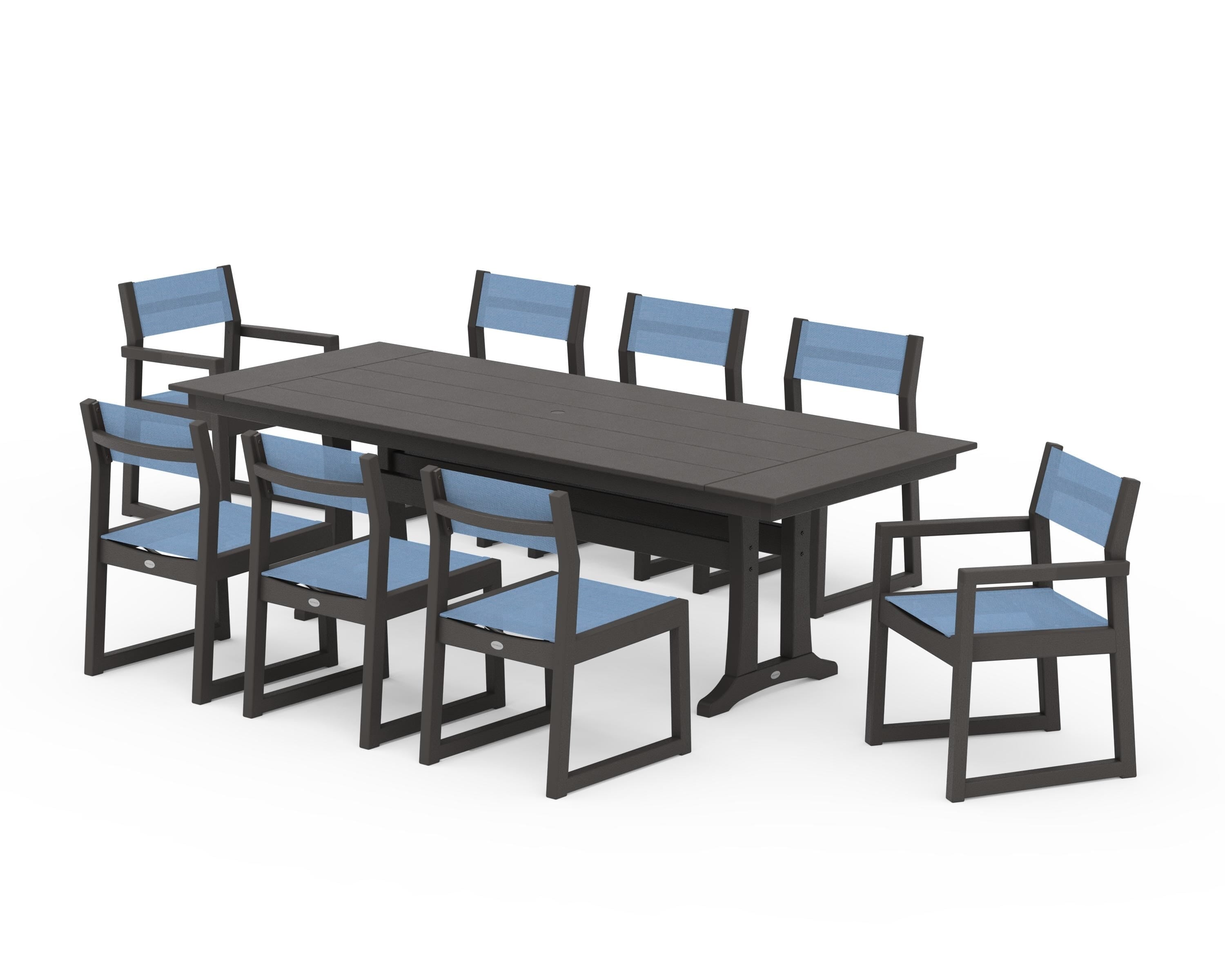 POLYWOOD EDGE Sling 9-Piece Farmhouse Trestle Dining Set in Vintage Coffee / Poolside Sling