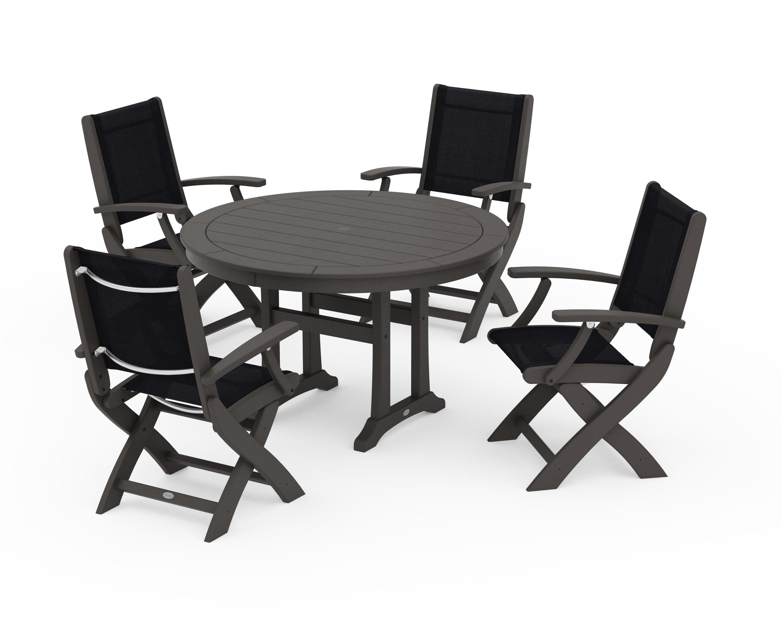 POLYWOOD Coastal Folding Chair 5-Piece Round Dining Set with Trestle Legs in Vintage Coffee / Black Sling
