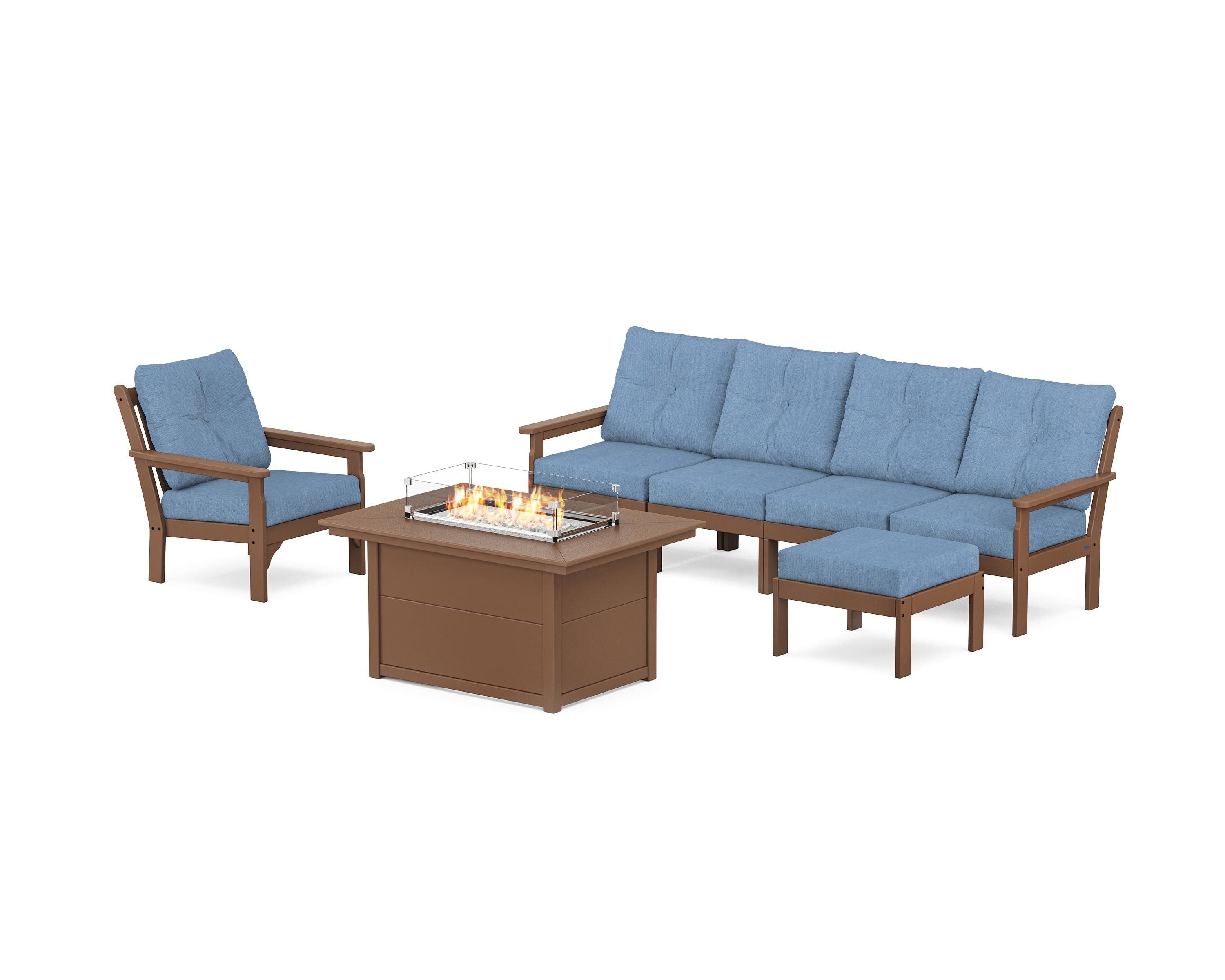POLYWOOD Vineyard Sectional Lounge and Fire Pit Set in Teak / Sky Blue