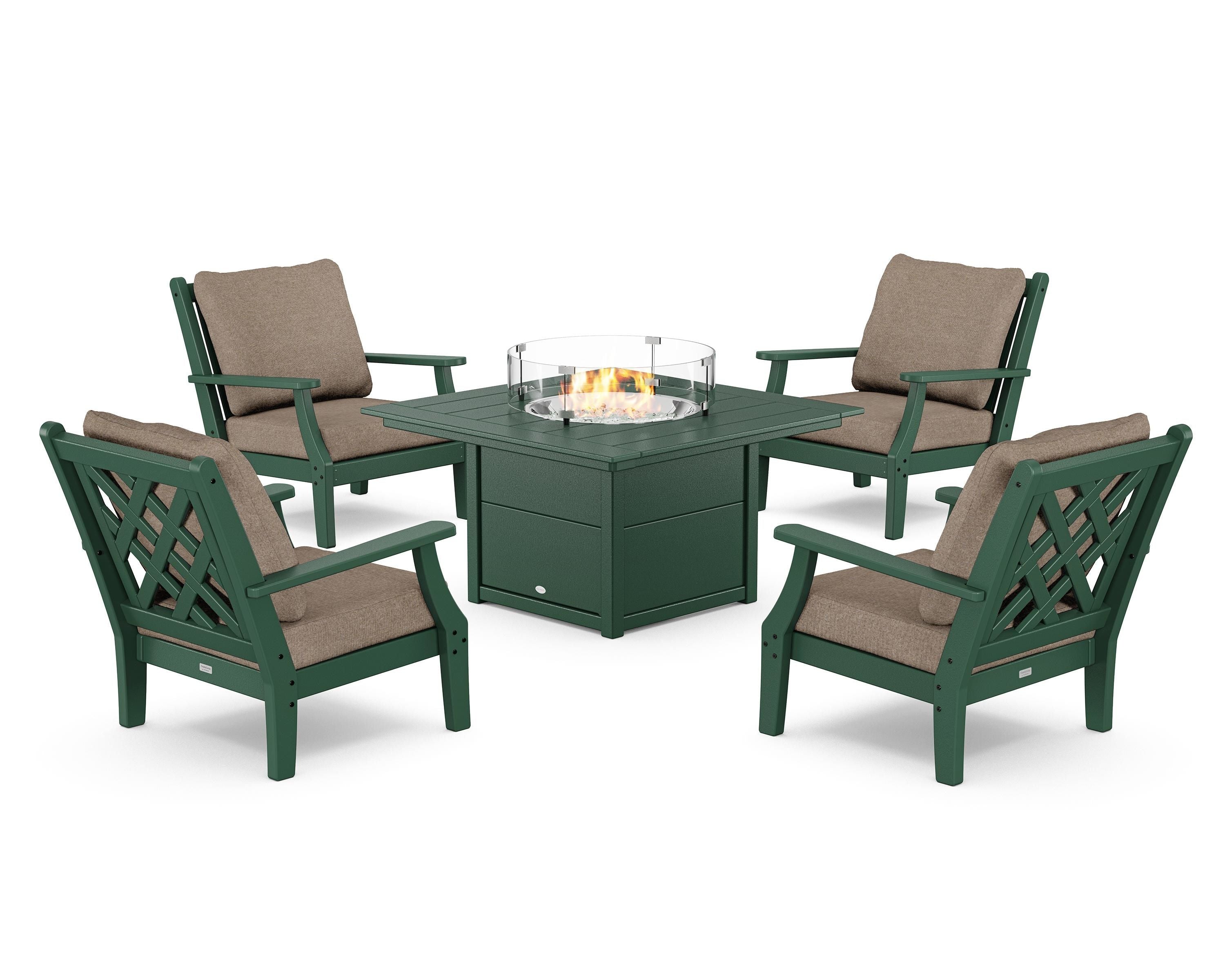 Country Living Wovendale 5-Piece Deep Seating Set with Fire Pit Table in Green / Spiced Burlap