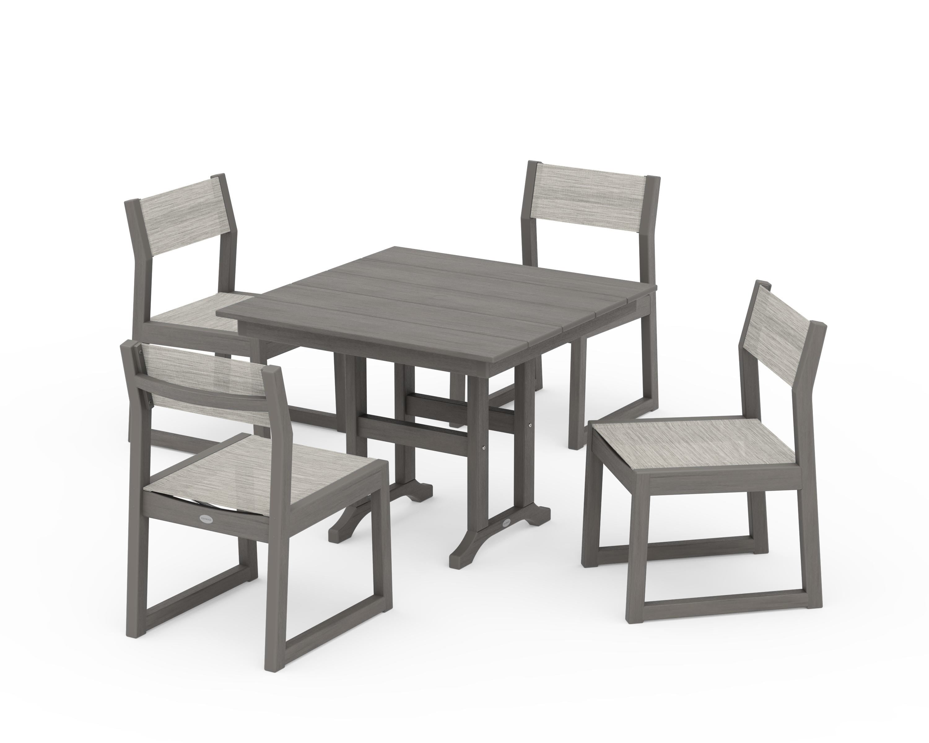 POLYWOOD EDGE Sling Side Chair 5-Piece Farmhouse Dining Set in Driftwood / Birch Sling