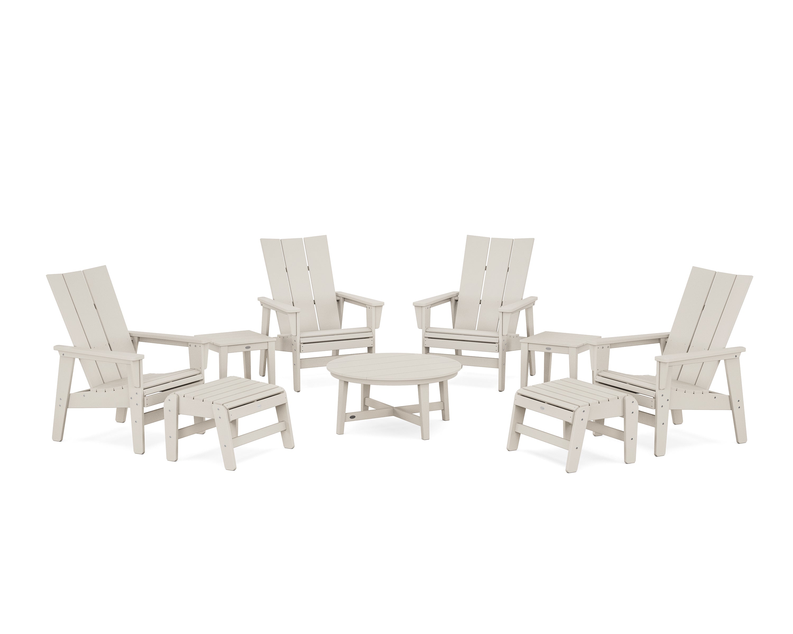 POLYWOOD® Modern Grand Upright Adirondack 9-Piece Conversation Set in Sand