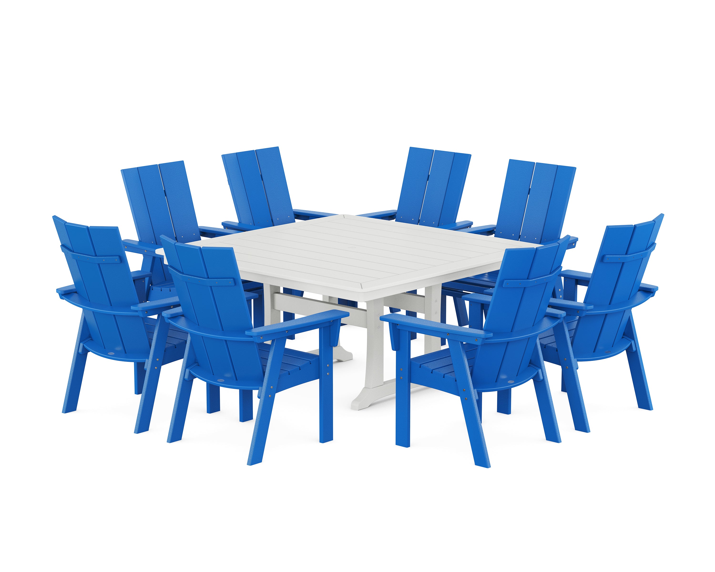 POLYWOOD Modern Curveback Adirondack 9-Piece Square Dining Set with Trestle Legs in Pacific Blue / White