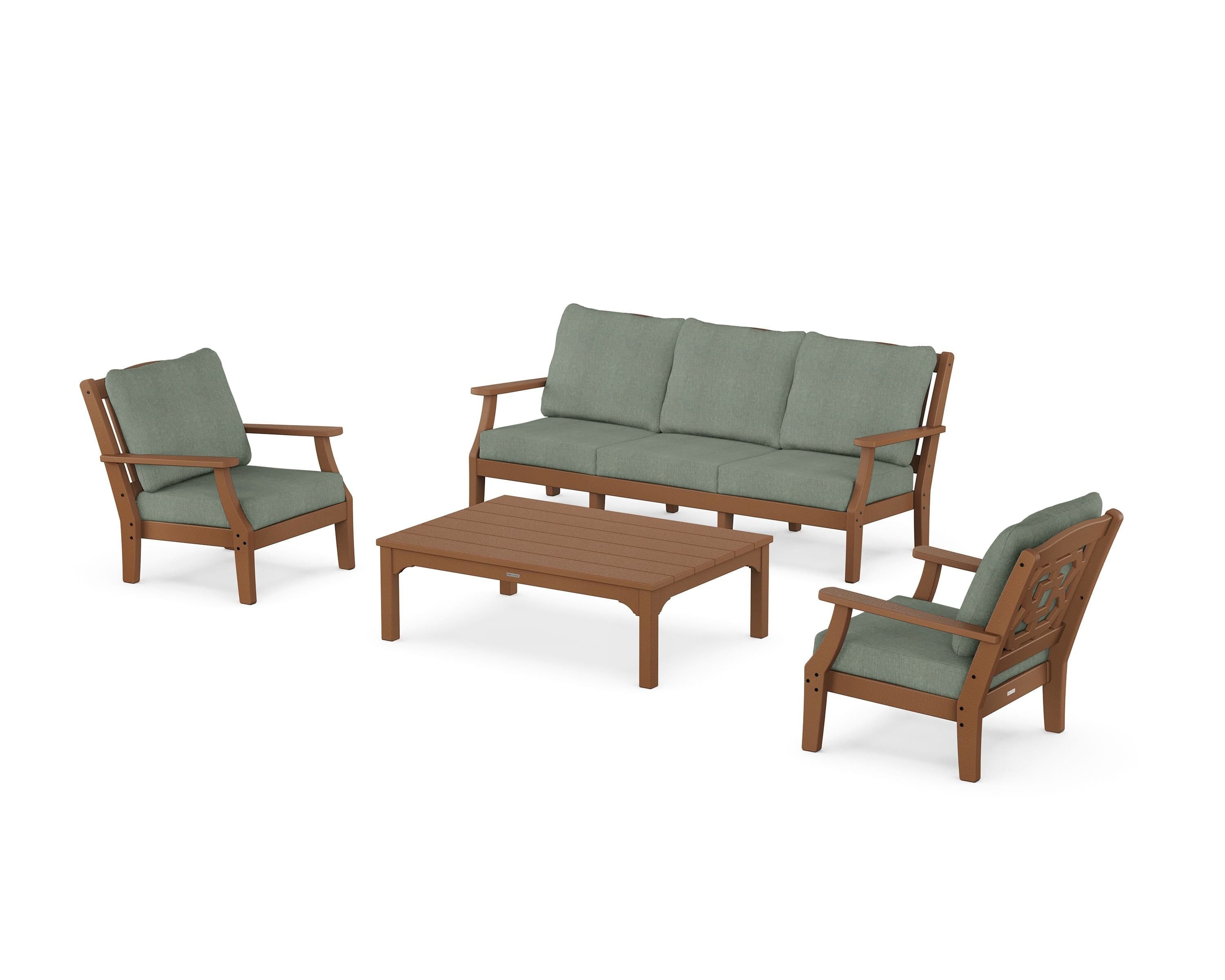 Martha Stewart by POLYWOOD Chinoiserie 4-Piece Deep Seating Set with Sofa in Teak / Cast Sage