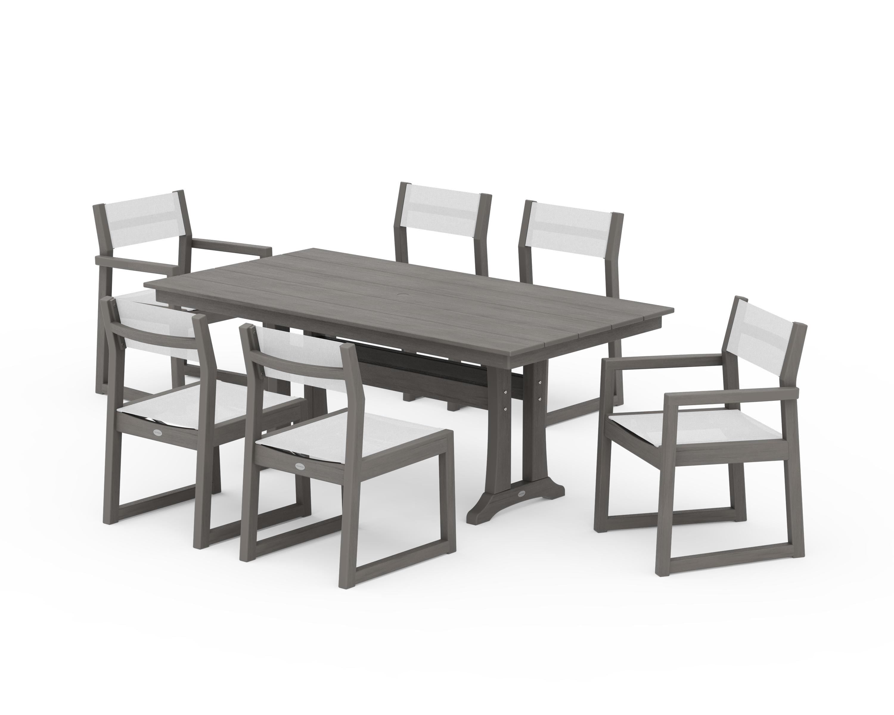 POLYWOOD EDGE Sling 7-Piece Farmhouse Trestle Dining Set in Driftwood / White Sling