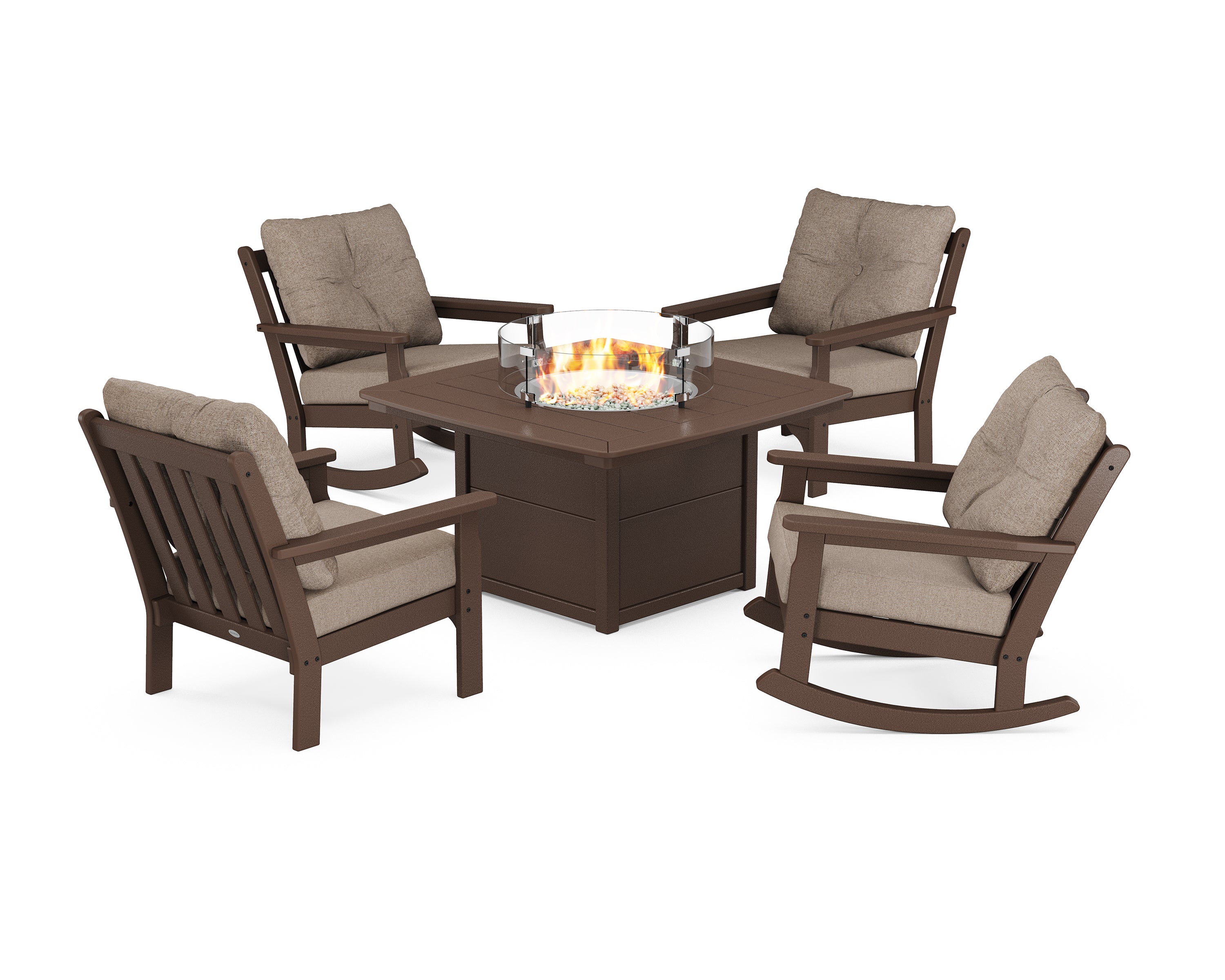 POLYWOOD Vineyard 5-Piece Deep Seating Rocking Chair Conversation Set with Fire Pit Table in Mahogany / Spiced Burlap