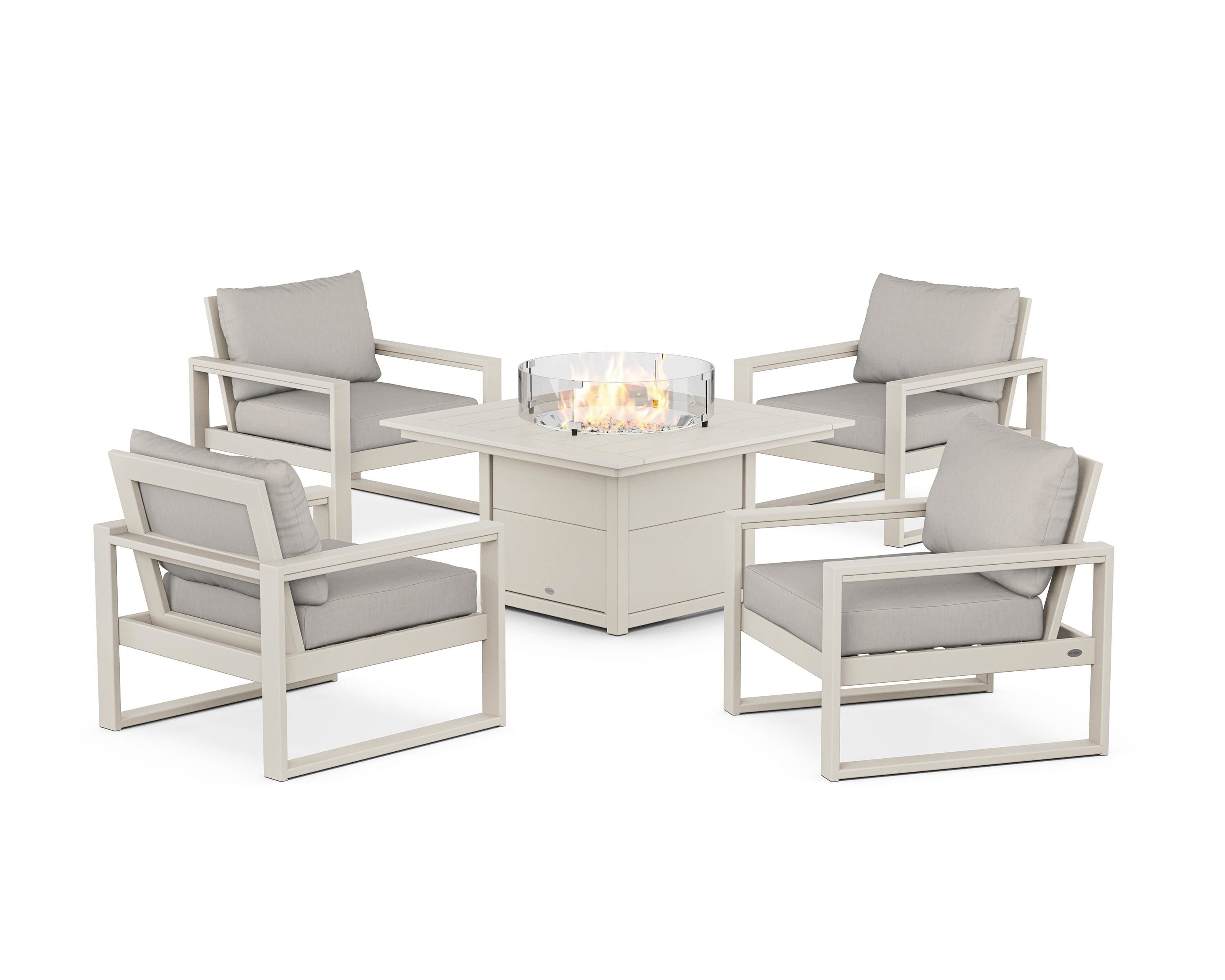 POLYWOOD EDGE Sectional 5-Piece Deep Seating Set with Fire Pit Table in Sand / Cast Ash