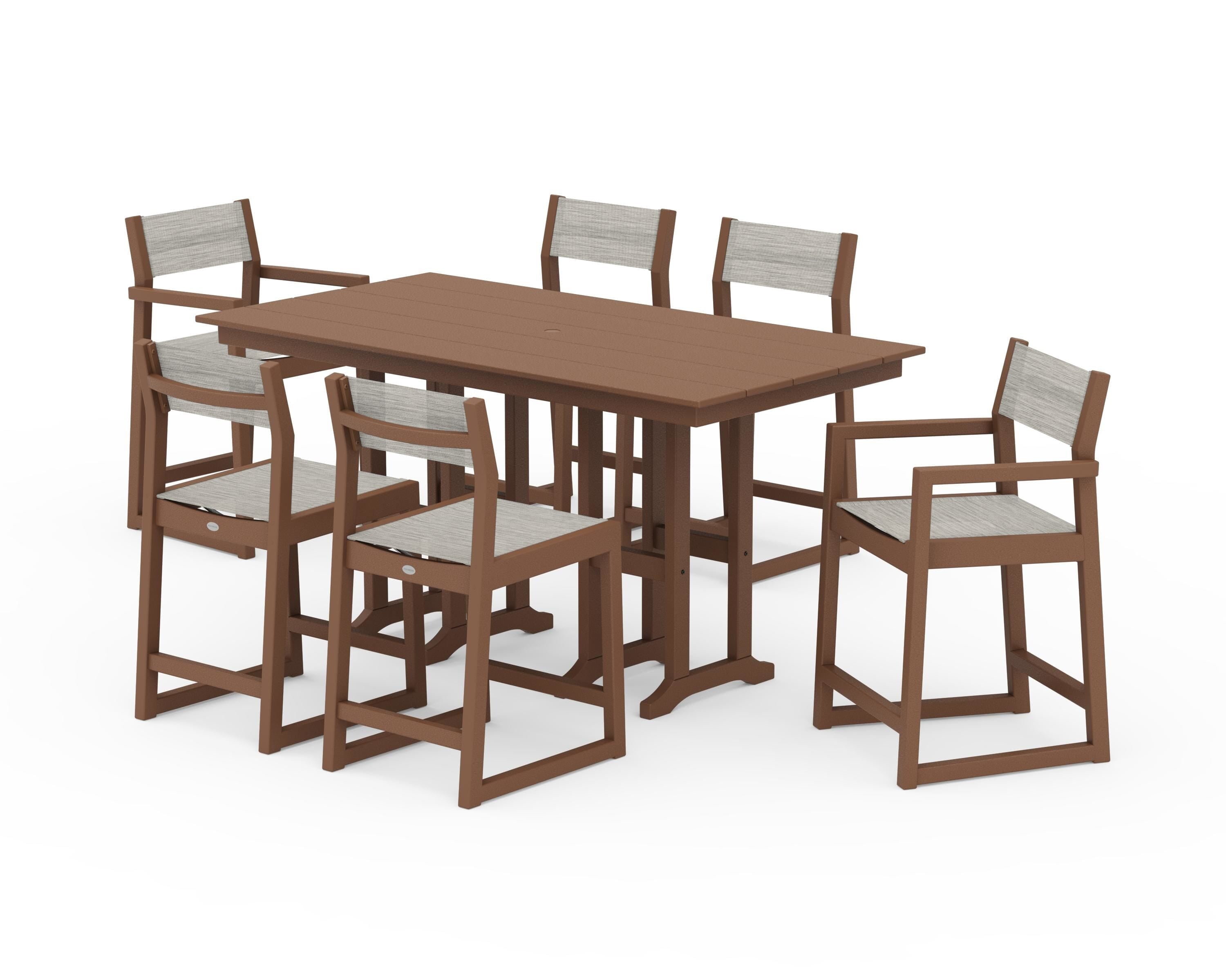 POLYWOOD EDGE Sling 7-Piece Farmhouse Counter Set in Teak / Birch Sling