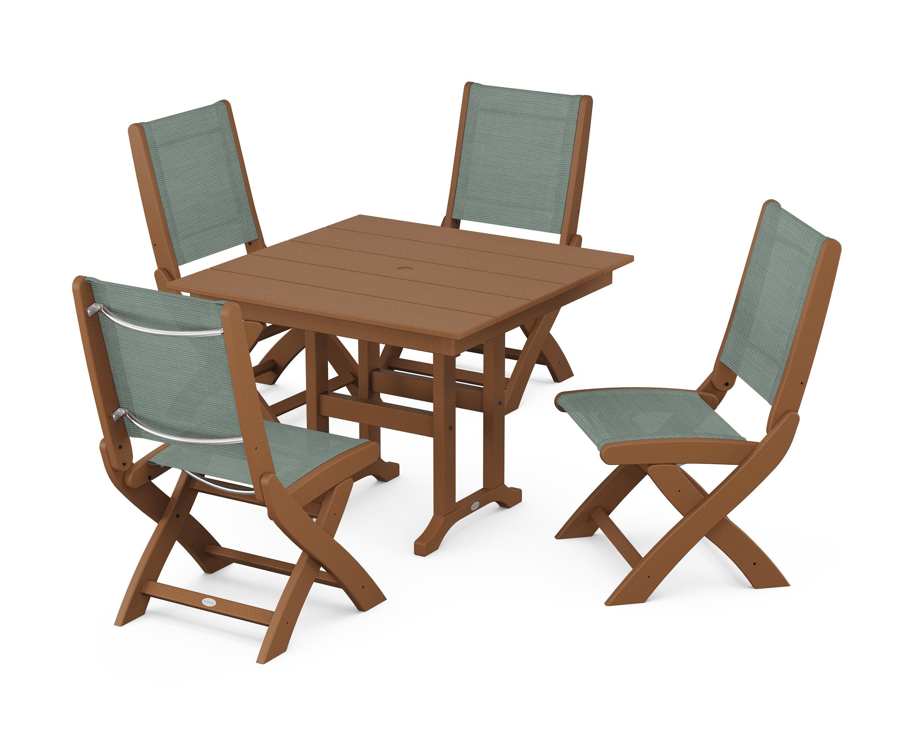 POLYWOOD Coastal Folding Side Chair 5-Piece Farmhouse Dining Set in Teak / Dupioni Sea Mist Sling