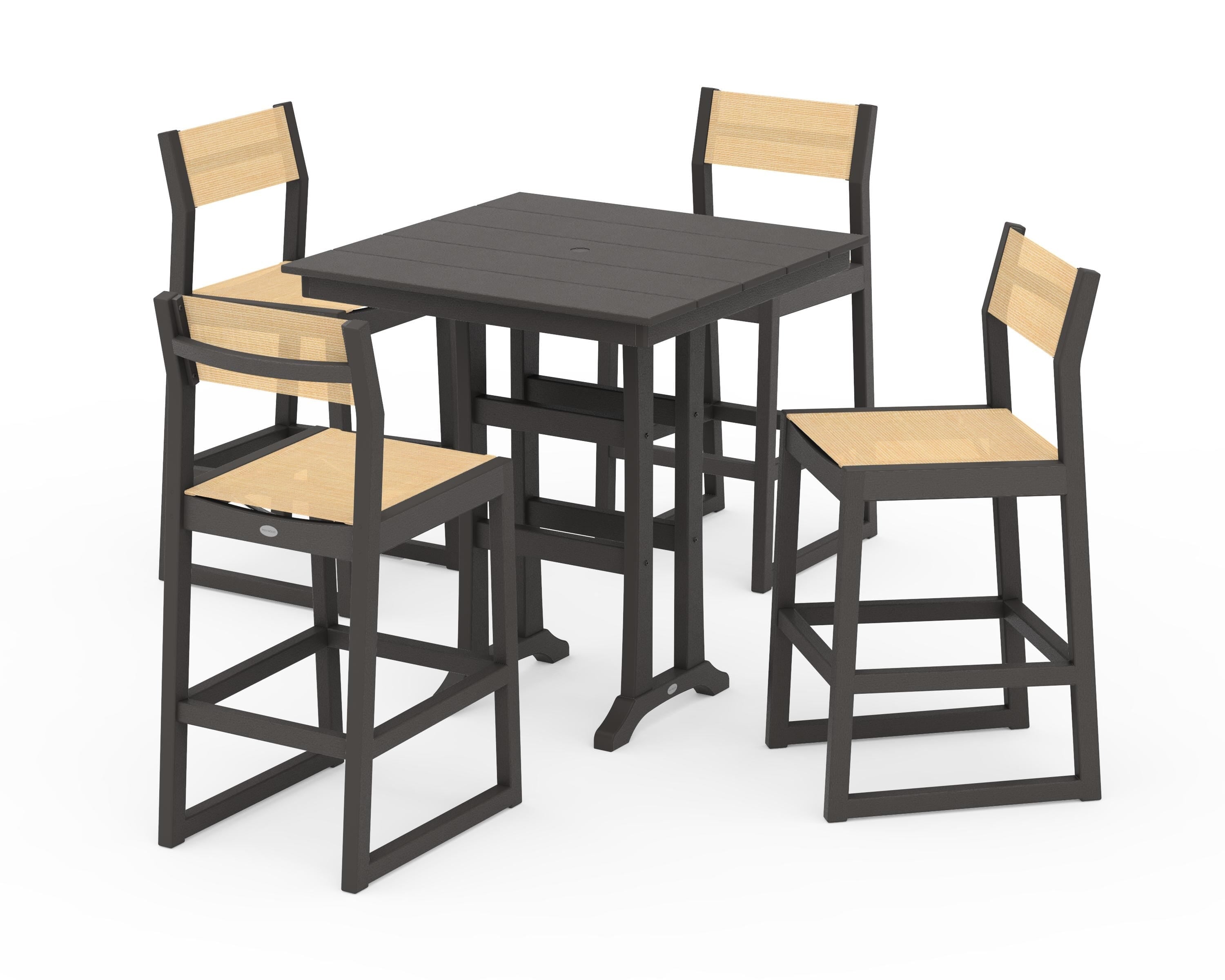 POLYWOOD EDGE Sling Arm Chair 5-Piece Farmhouse Bar Set with Trestle Legs in Vintage Coffee / Dupioni Apricot Sling