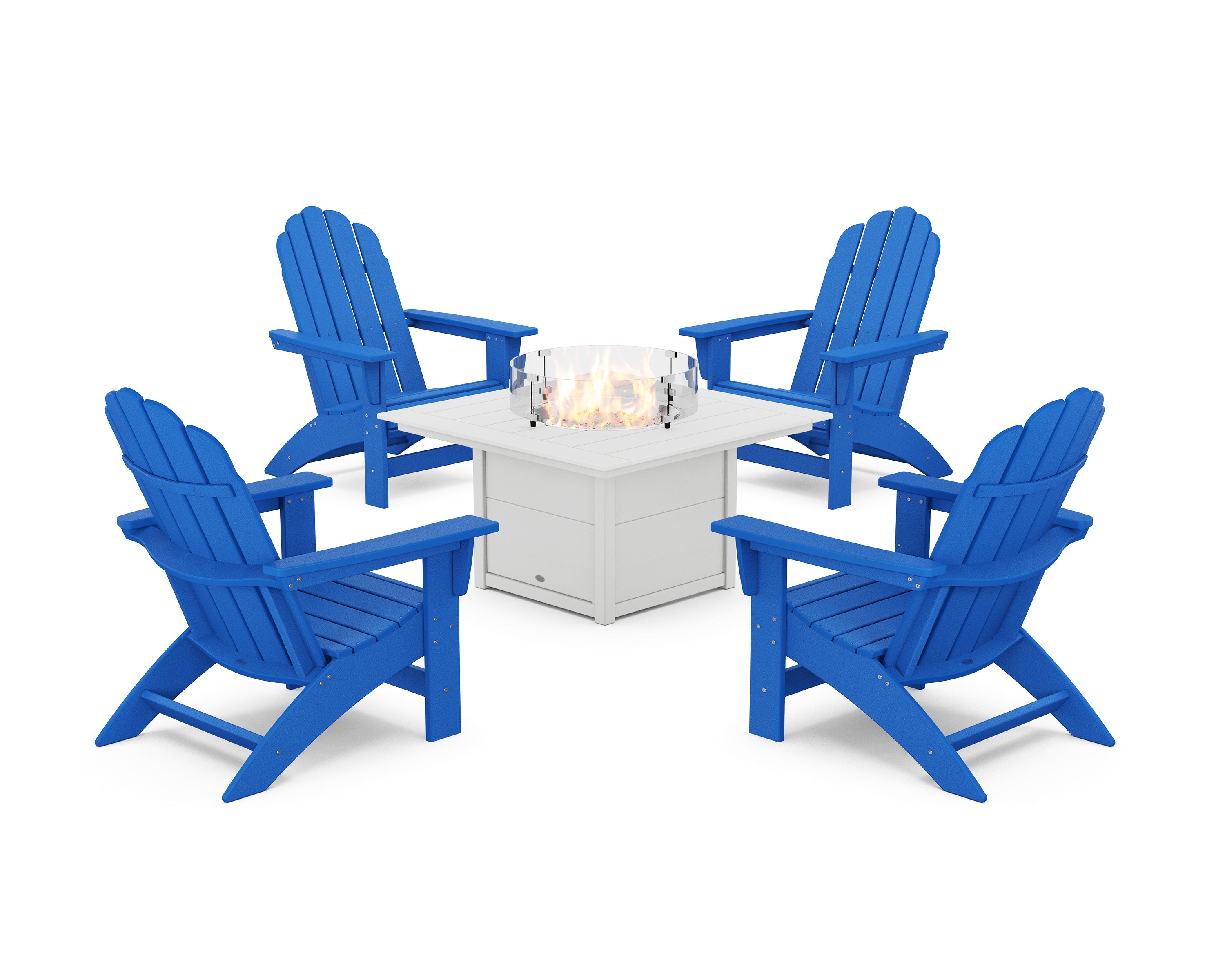 POLYWOOD 5-Piece Vineyard Grand Adirondack Conversation Set with Fire Pit Table in Pacific Blue / White