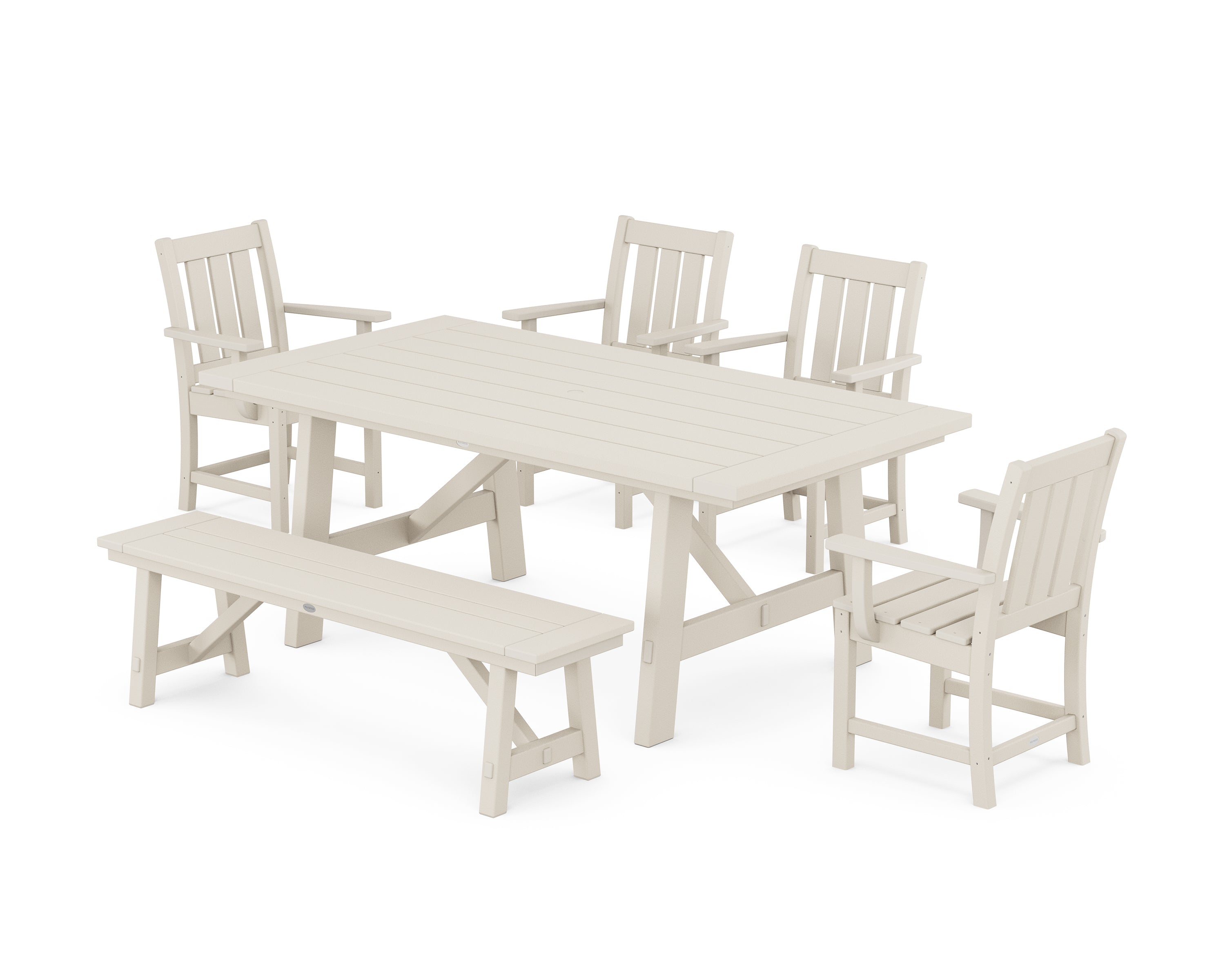 POLYWOOD Oxford 6-Piece Rustic Farmhouse Dining Set with Bench in Sand