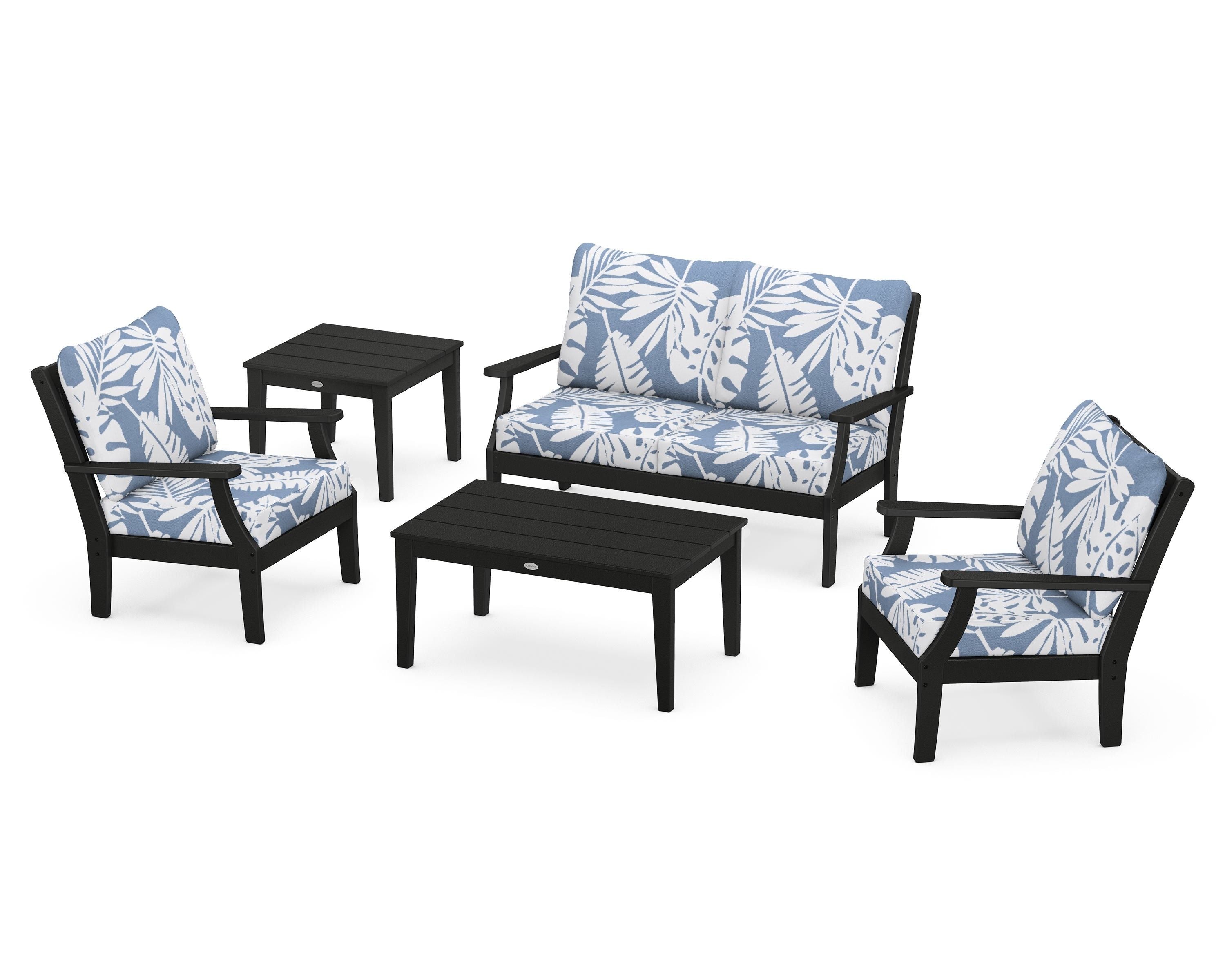 POLYWOOD Braxton 5-Piece Deep Seating Set in Black / Leaf Sky Blue