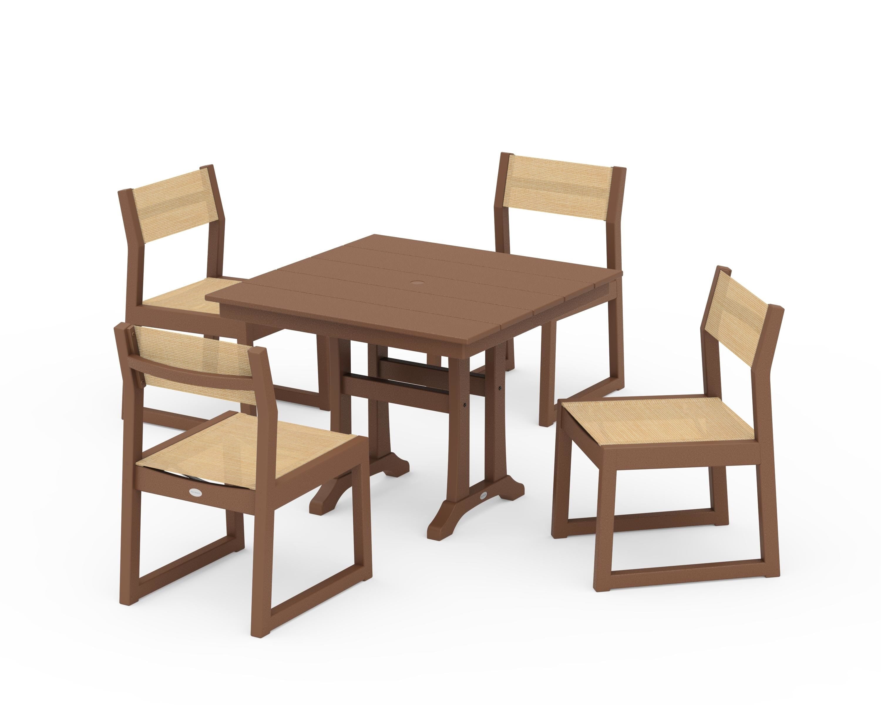 POLYWOOD EDGE Sling 5-Piece Farmhouse Trestle Side Chair Dining Set in Teak / Dupioni Apricot Sling