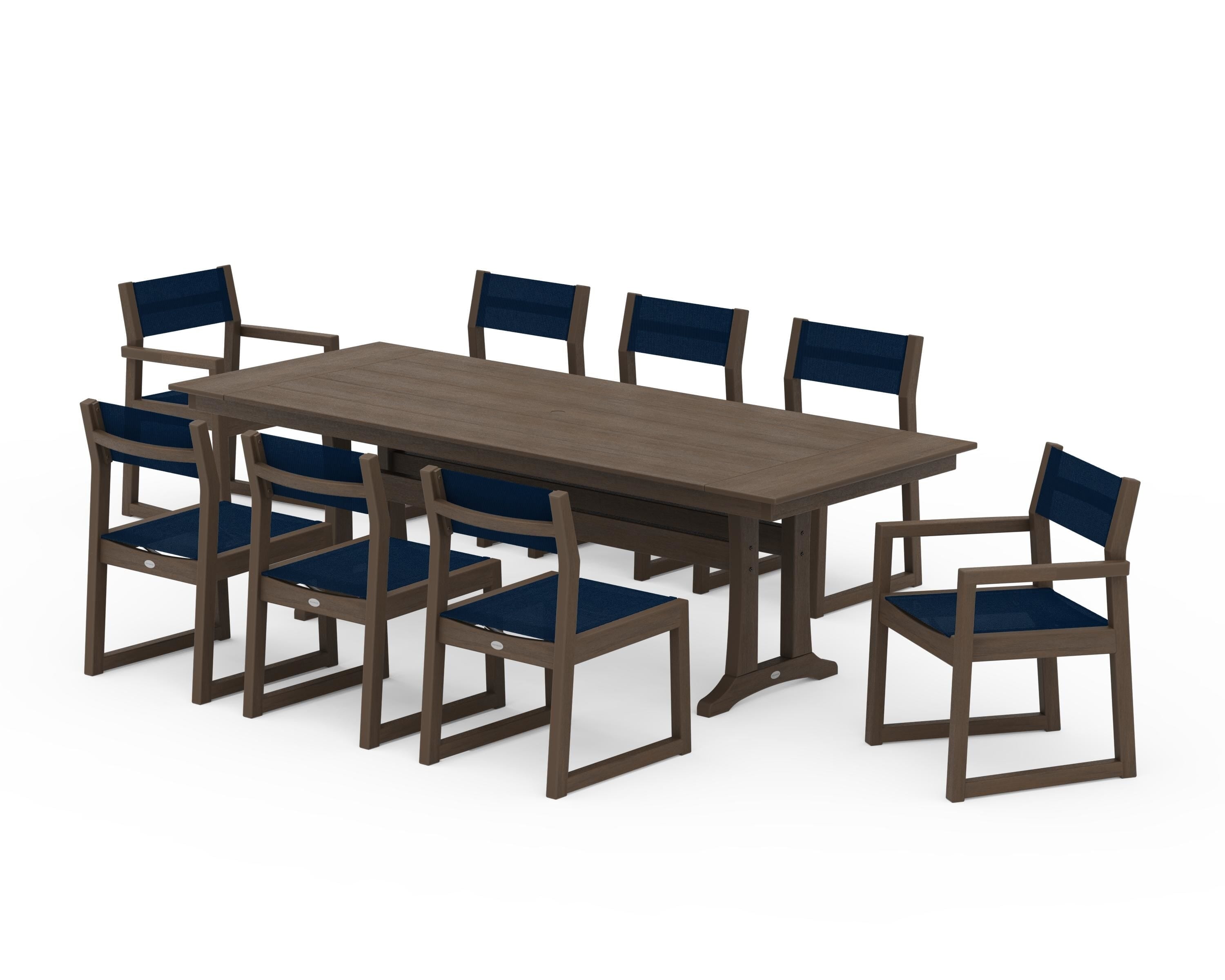 POLYWOOD EDGE Sling 9-Piece Farmhouse Trestle Dining Set in Kona / Navy Blue Sling
