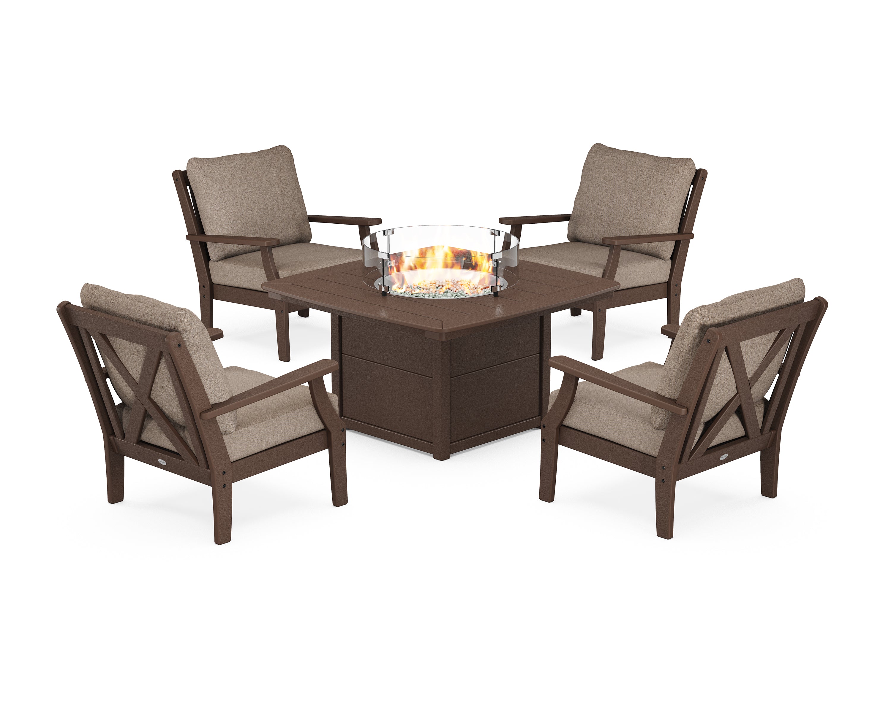 POLYWOOD Braxton 5-Piece Deep Seating Conversation Set with Fire Pit Table in Mahogany / Spiced Burlap