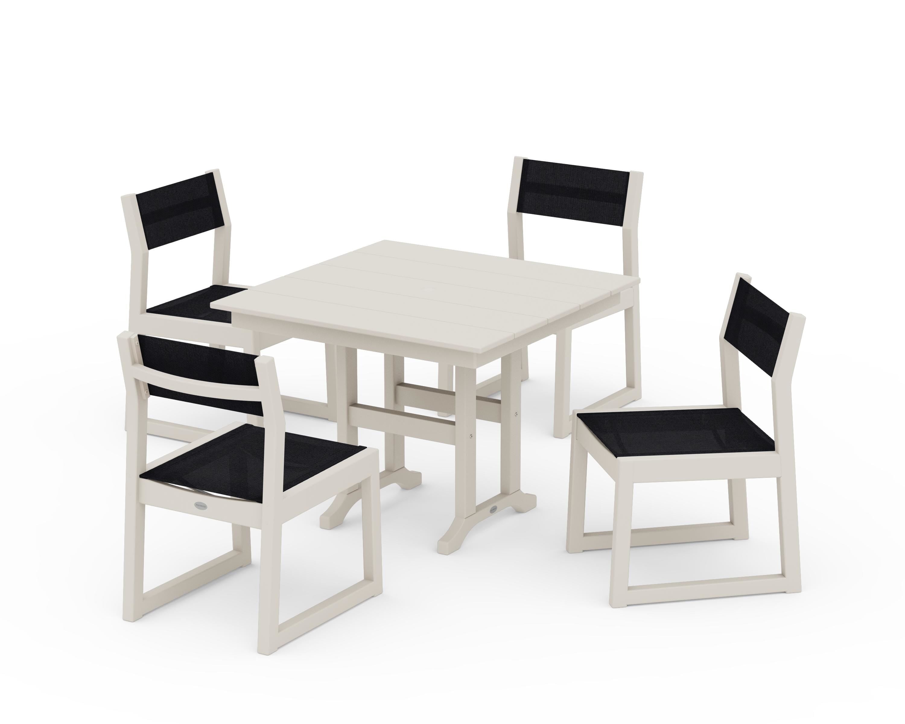 POLYWOOD EDGE Sling Side Chair 5-Piece Farmhouse Dining Set in Sand / Black Sling